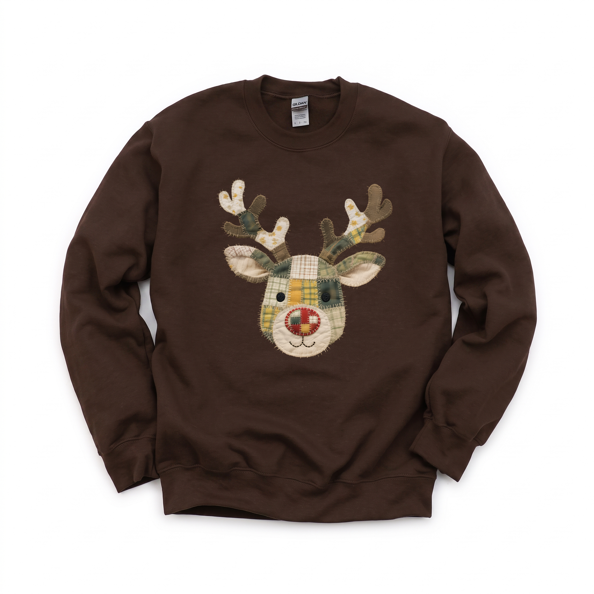 Patchwork Reindeer graphic on Gildan 18000 in Dark Chocolate