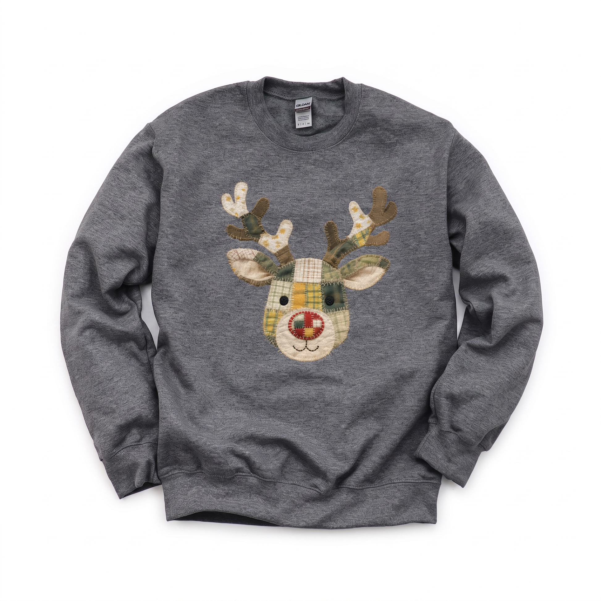 Patchwork Reindeer graphic on Gildan 18000 in Dark Heather