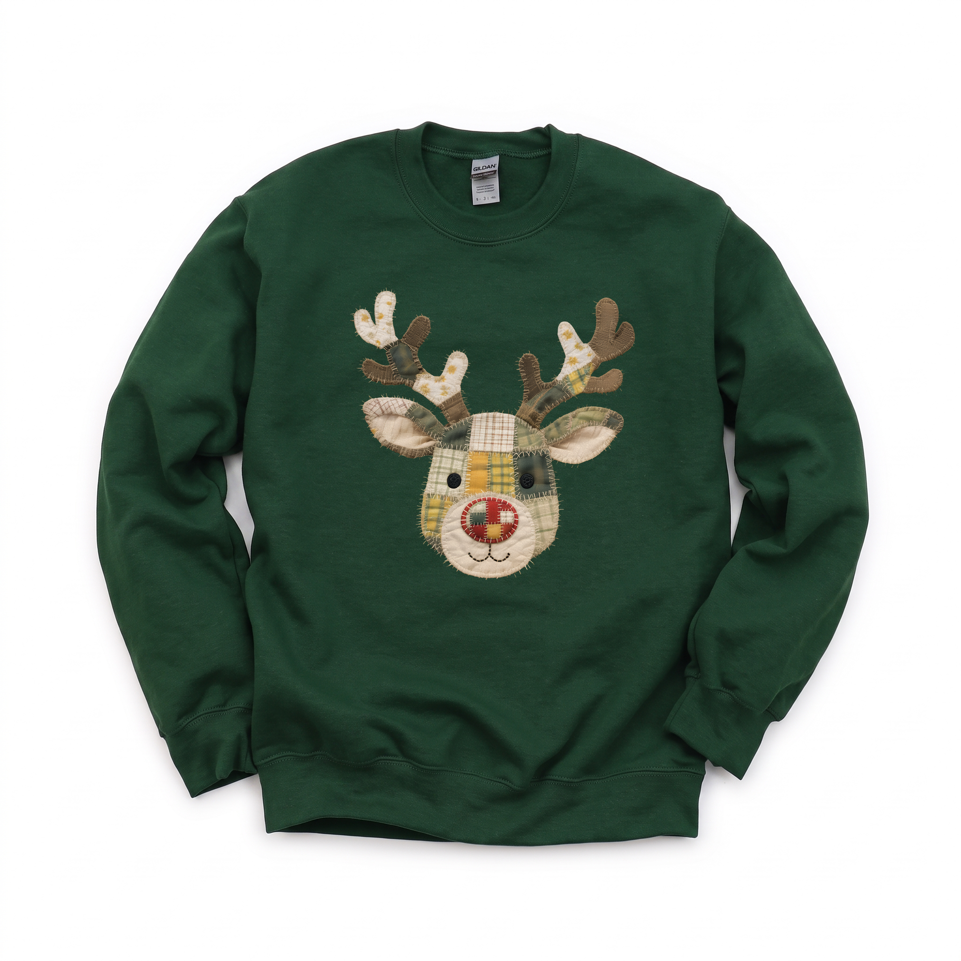 Patchwork Reindeer graphic on Gildan 18000 in Forest Green