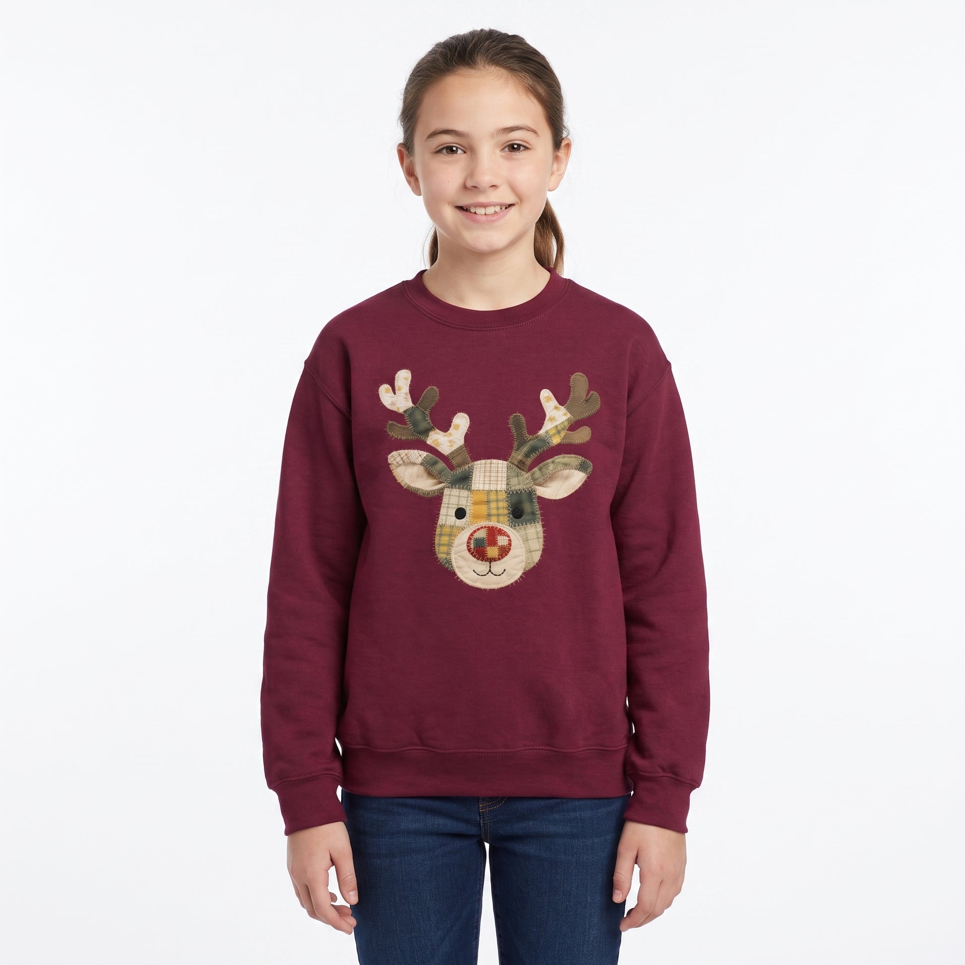 Model wearing the Patchwork Reindeer youth sweatshirt in Maroon, cover image 1