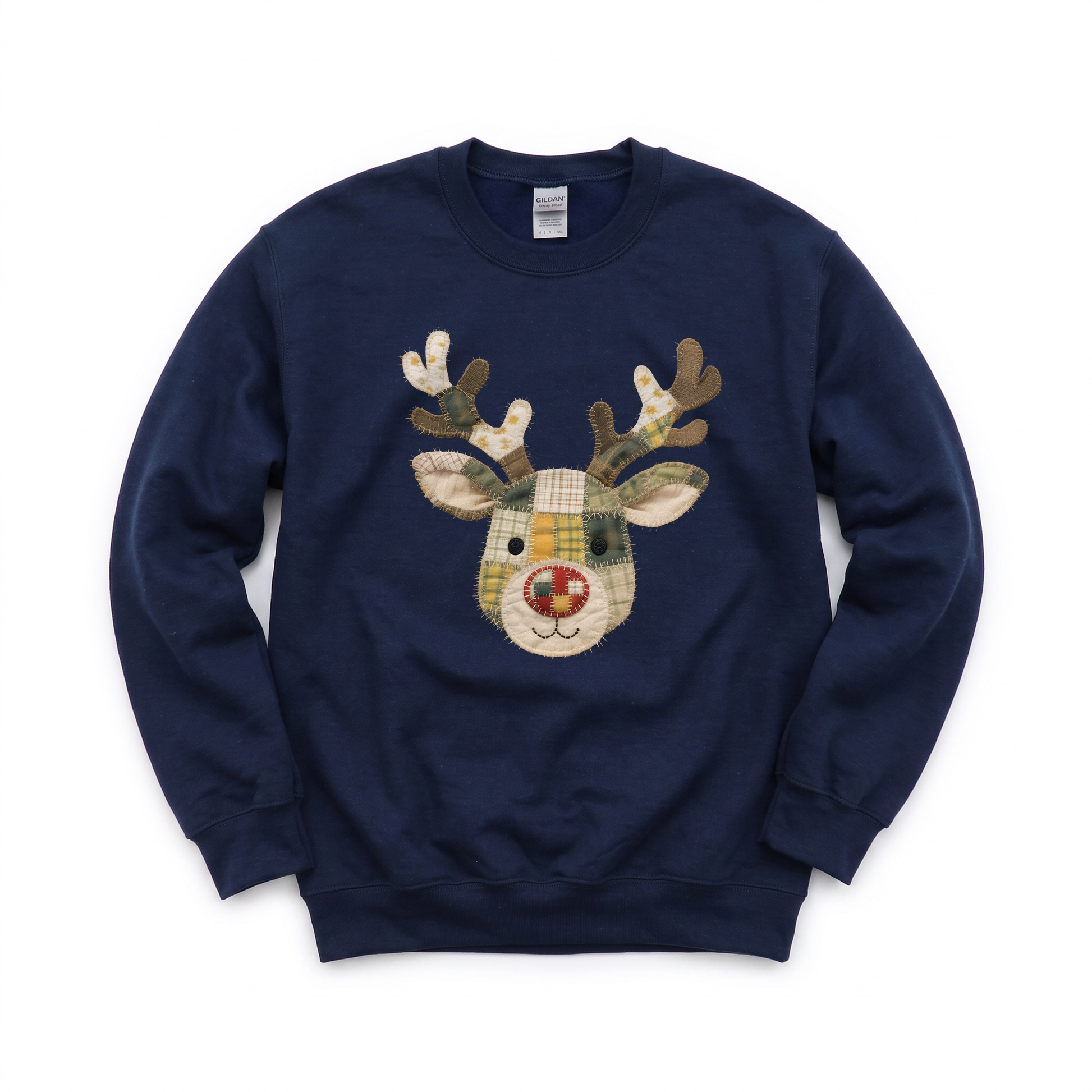 Patchwork Reindeer graphic on Gildan 18000B Youth Heavy Blend Sweatshirt in Navy