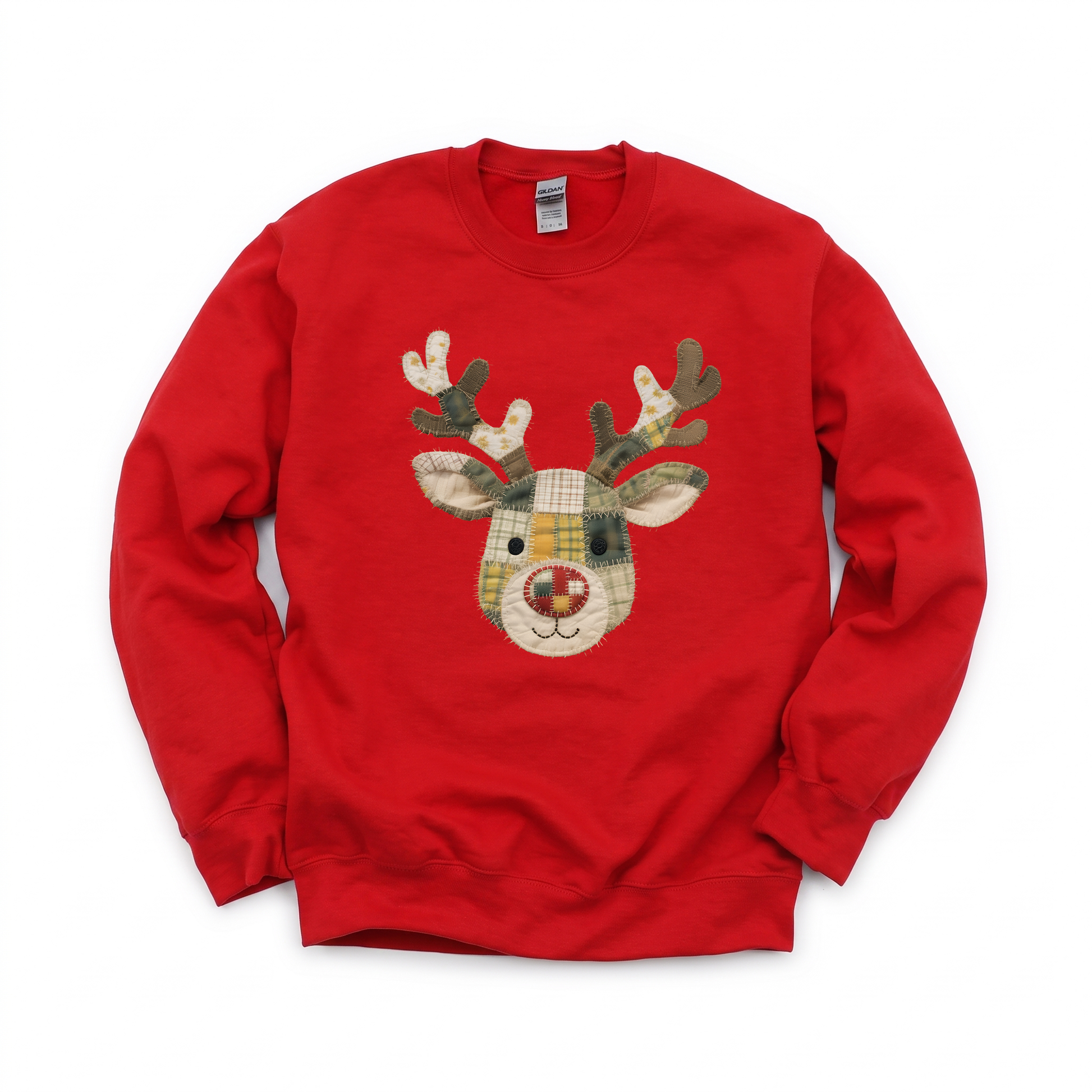 Patchwork Reindeer graphic on Gildan 18000B Youth Heavy Blend Sweatshirt in Red