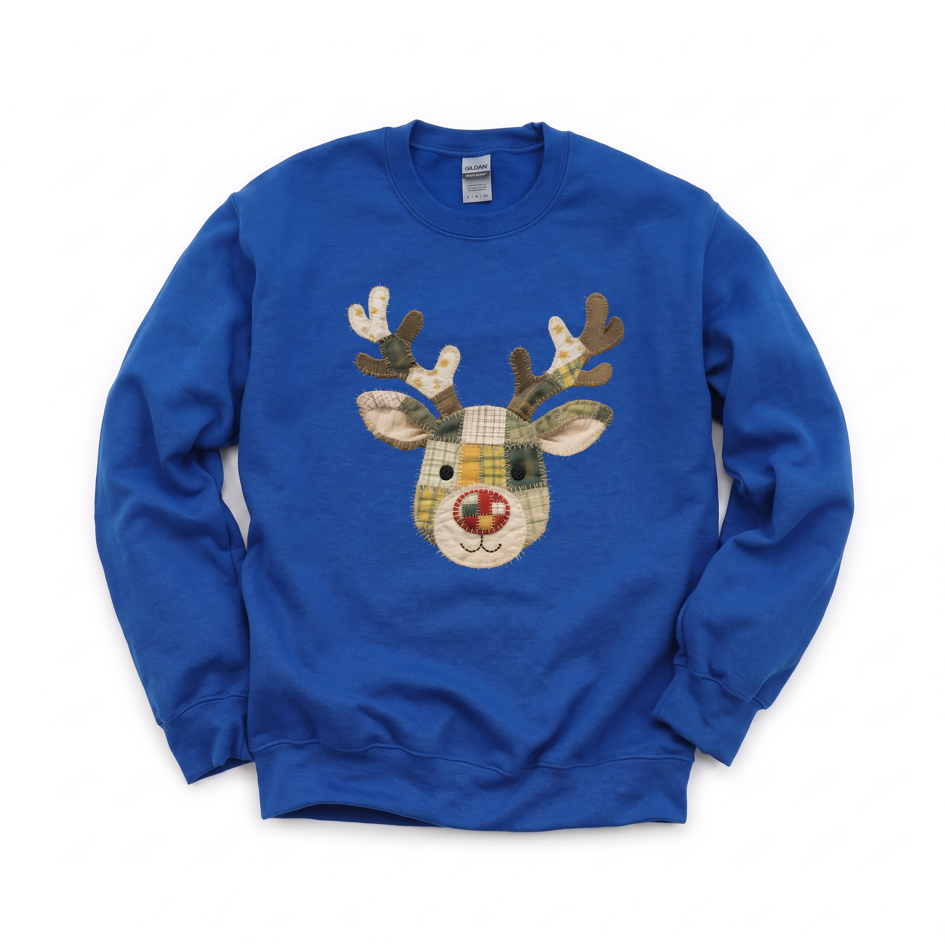 Patchwork Reindeer graphic on Gildan 18000B Youth Heavy Blend Sweatshirt in Royal