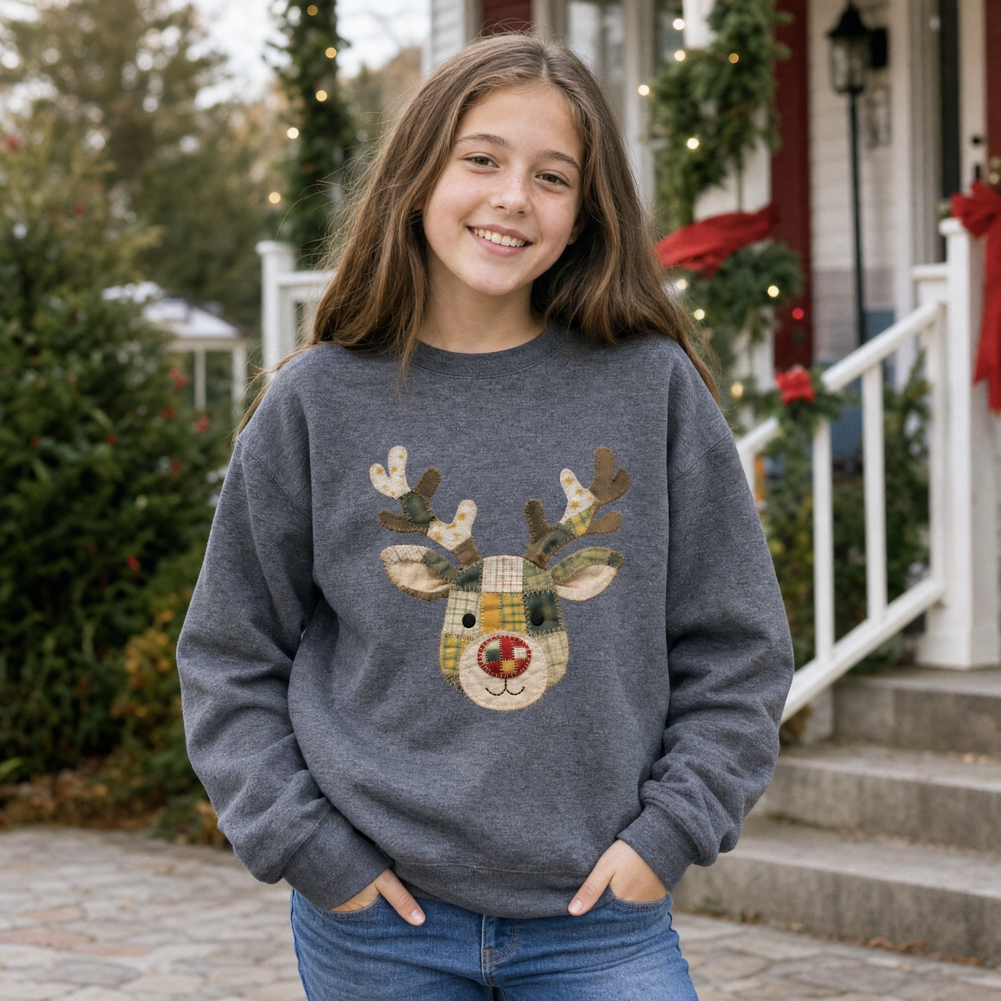 Model wearing the Patchwork Reindeer youth sweatshirt in Dark Heather
