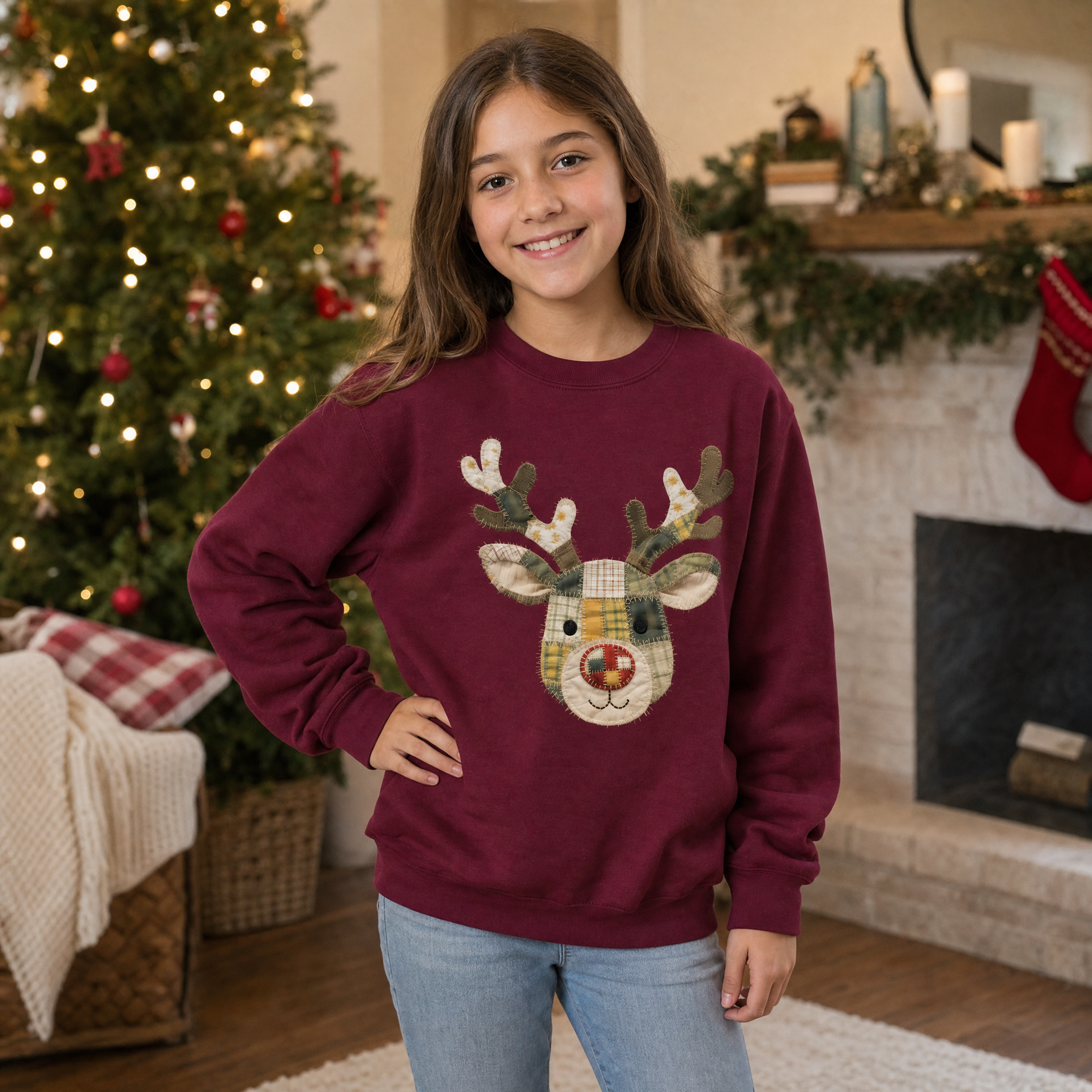Model wearing the Patchwork Reindeer youth sweatshirt in Maroon, lifestyle image 1