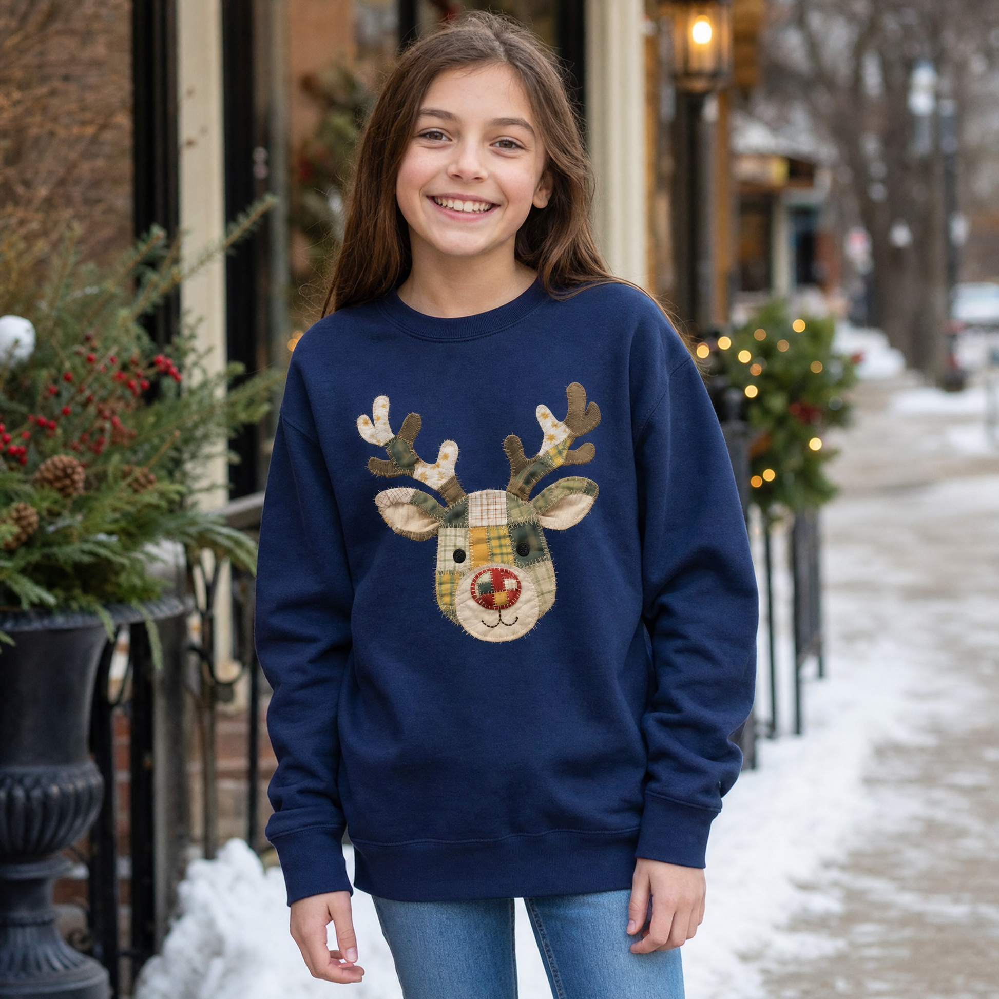 Model wearing the Patchwork Reindeer youth sweatshirt in Navy