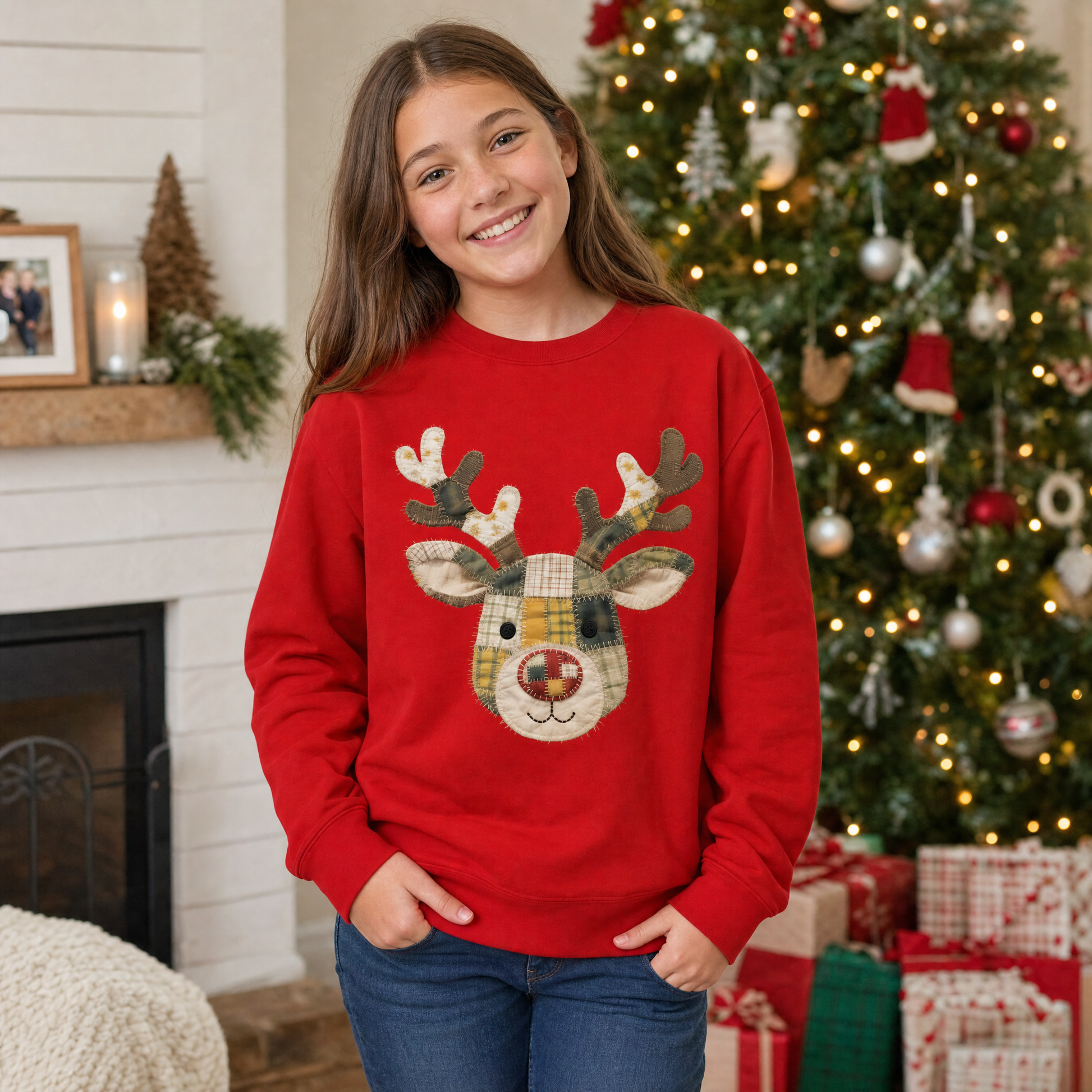 Model wearing the Patchwork Reindeer youth sweatshirt in Red