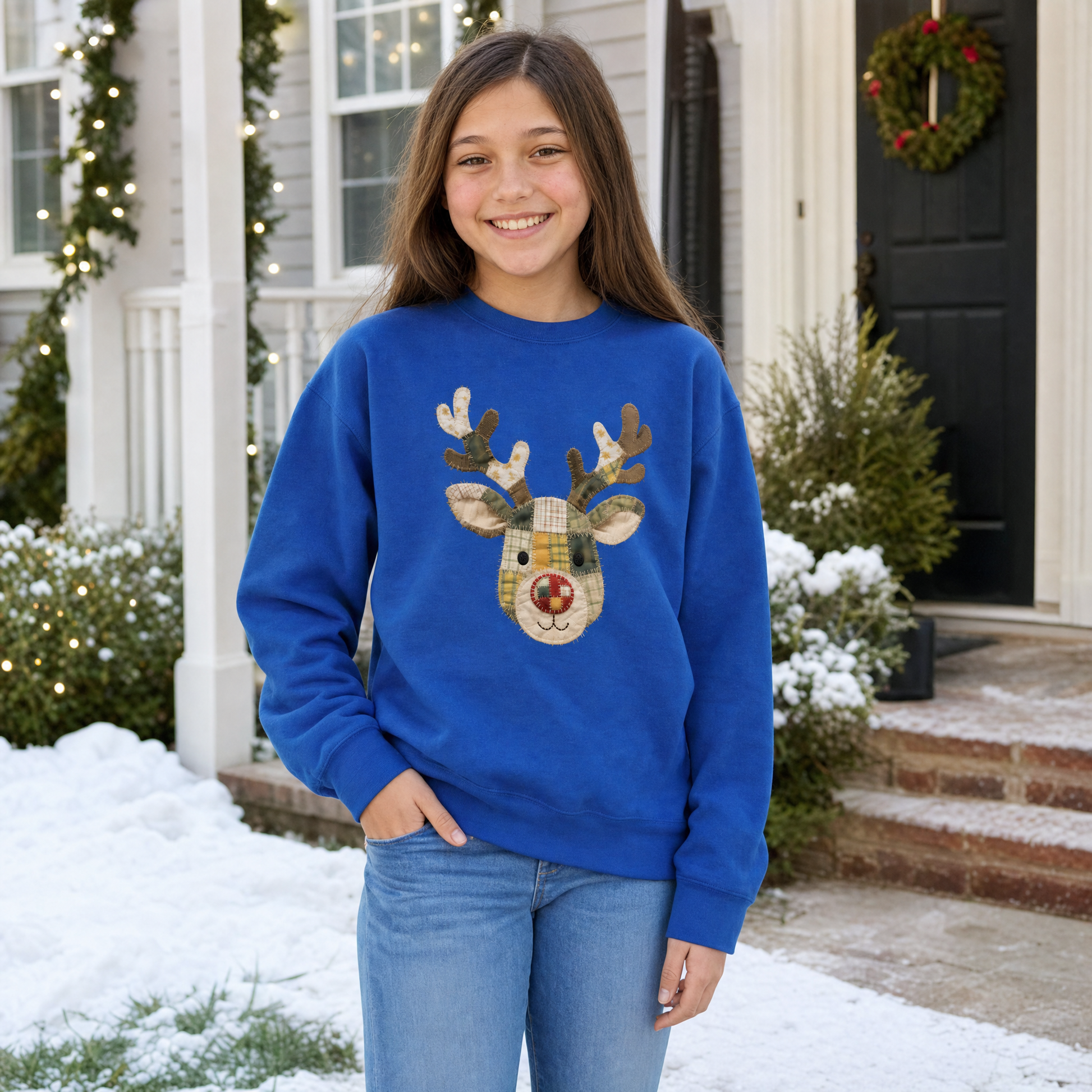 Model wearing the Patchwork Reindeer youth sweatshirt in Royal
