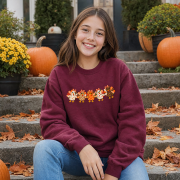 Model wearing the Patchwork Turkeys youth sweatshirt in Maroon, lifestyle image 1