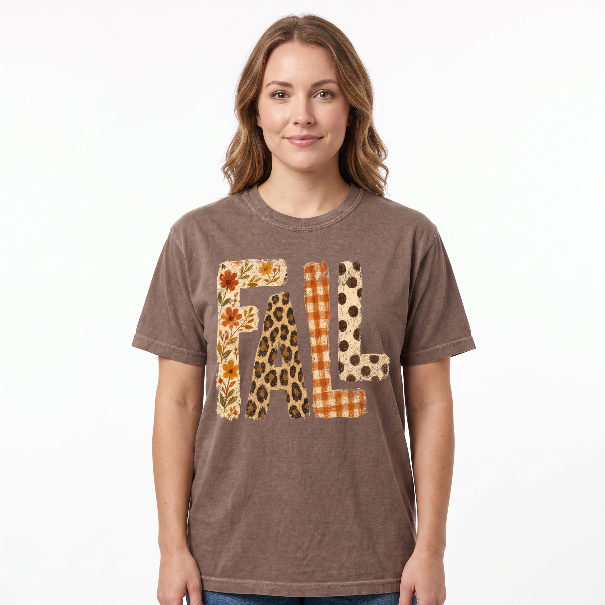 Model wearing the Patterned Fall comfort colors tee in Espresso