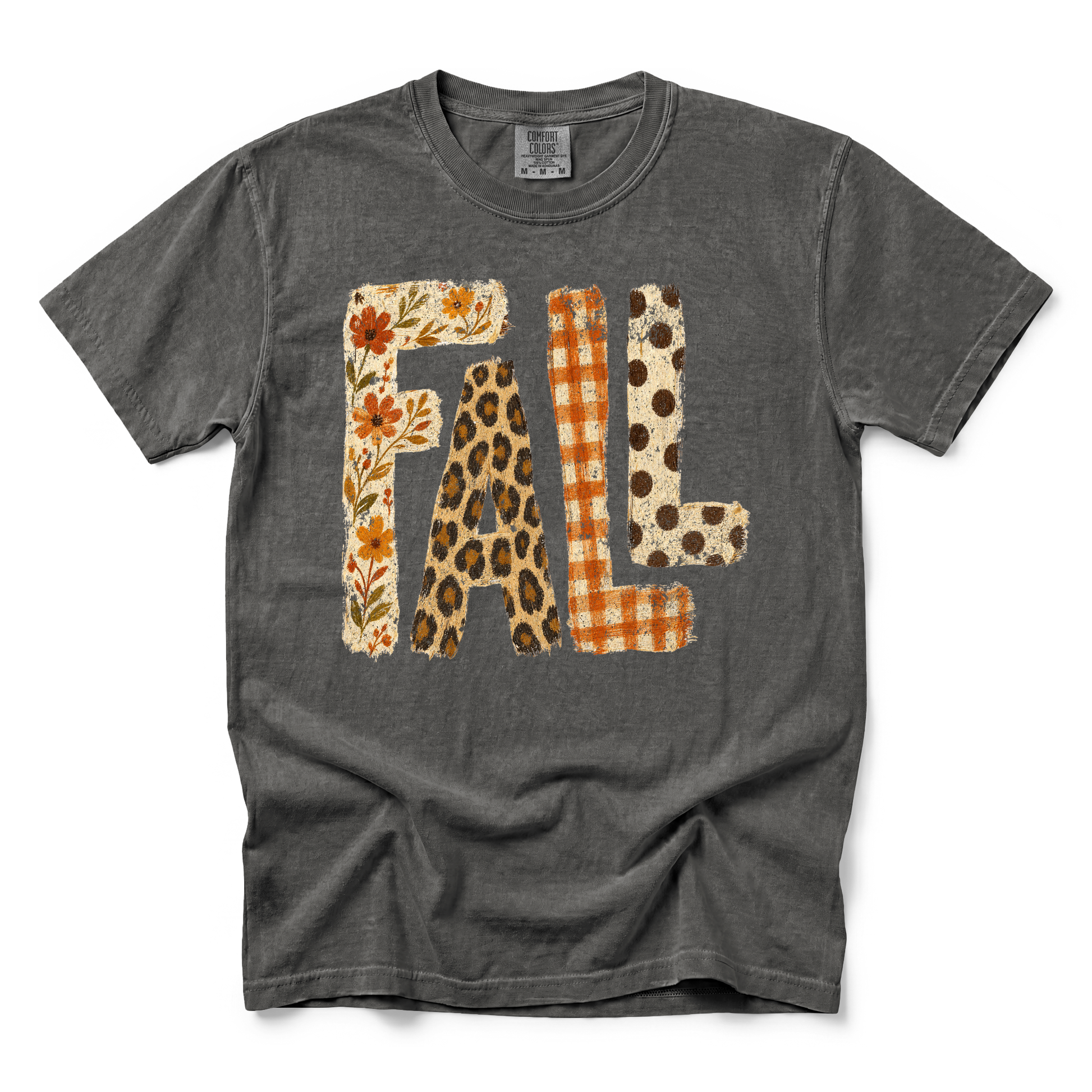 Patterned Fall graphic on Comfort Colors 1717 in Pepper