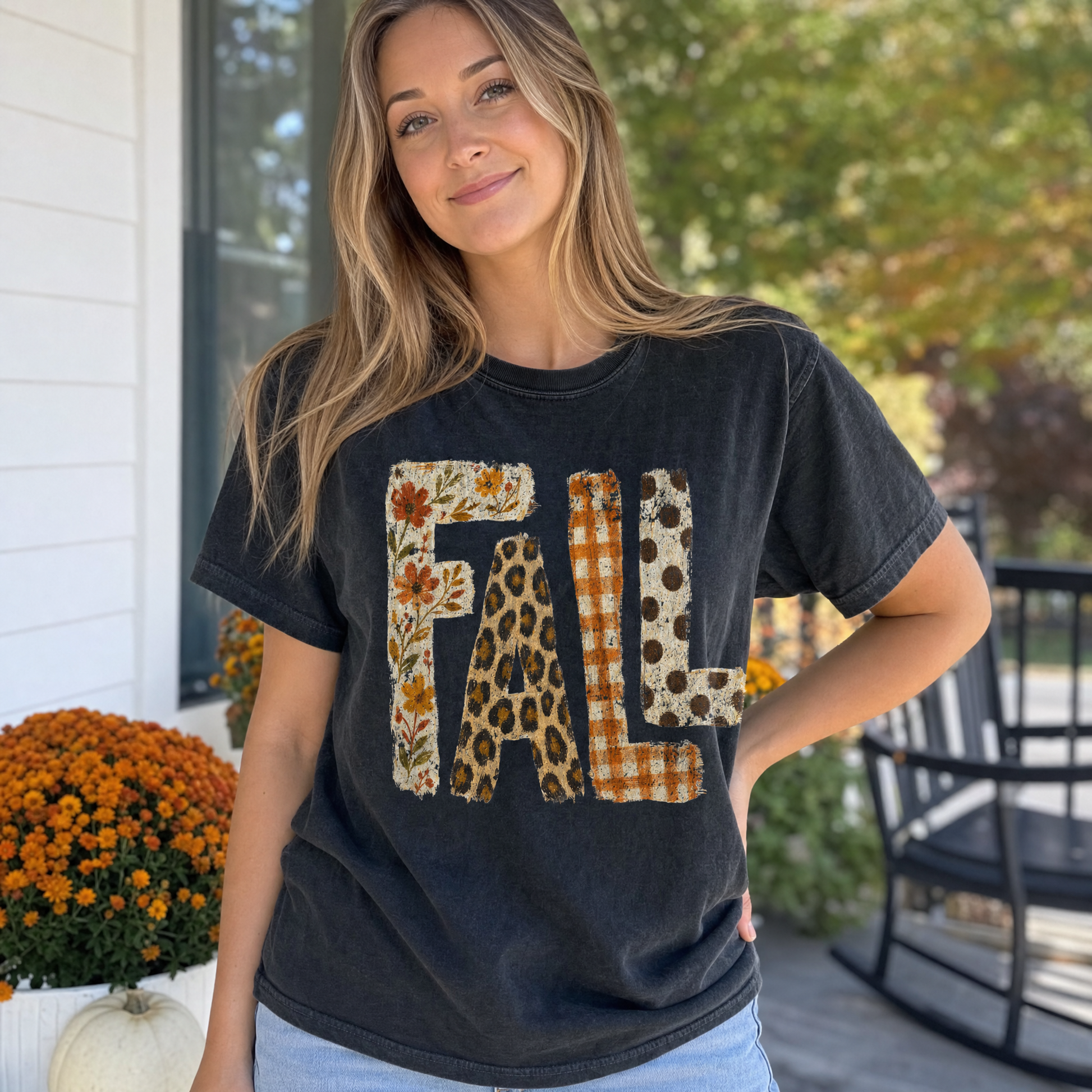 Model wearing the Patterned Fall comfort colors tee in Black