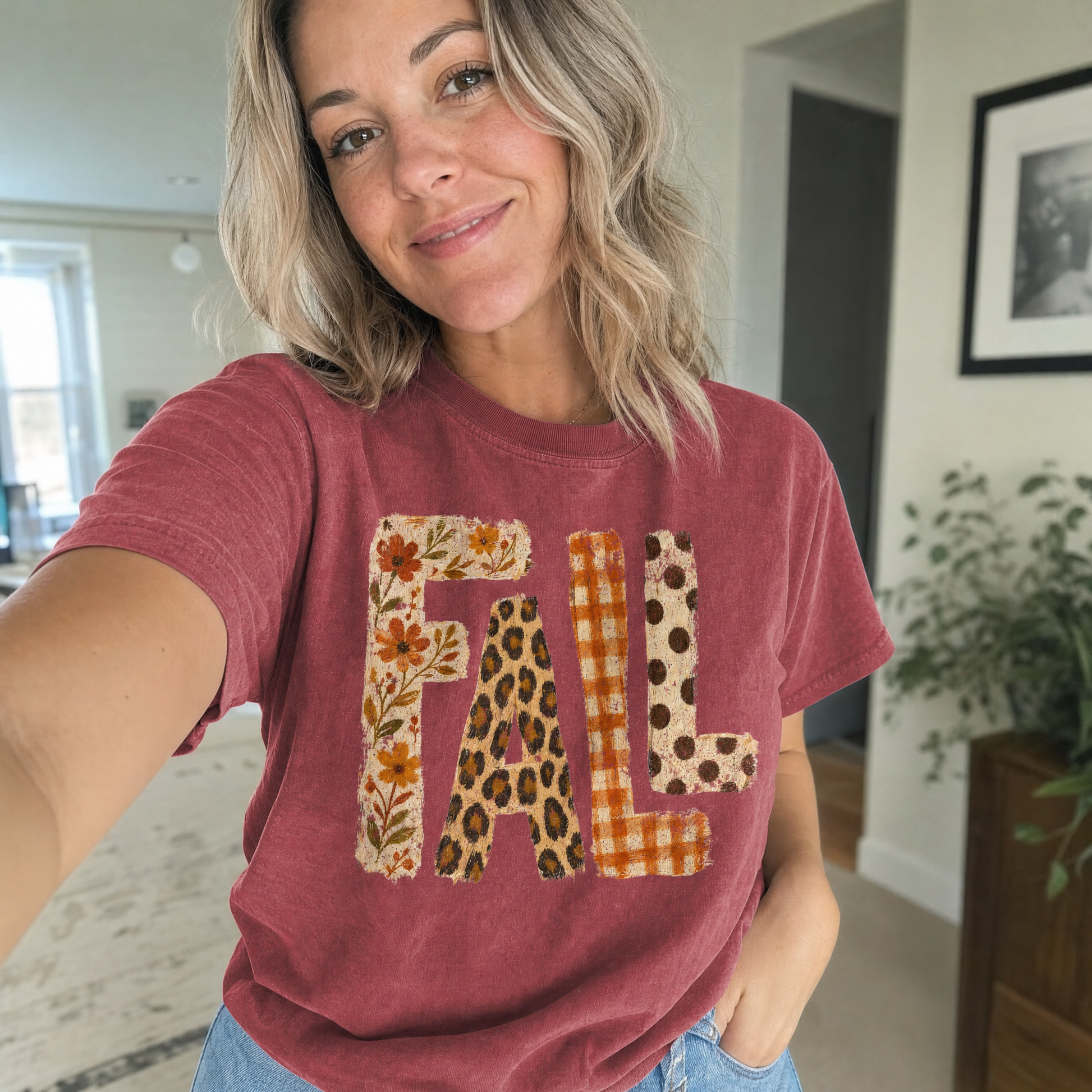 Model wearing the Patterned Fall comfort colors tee in Brick