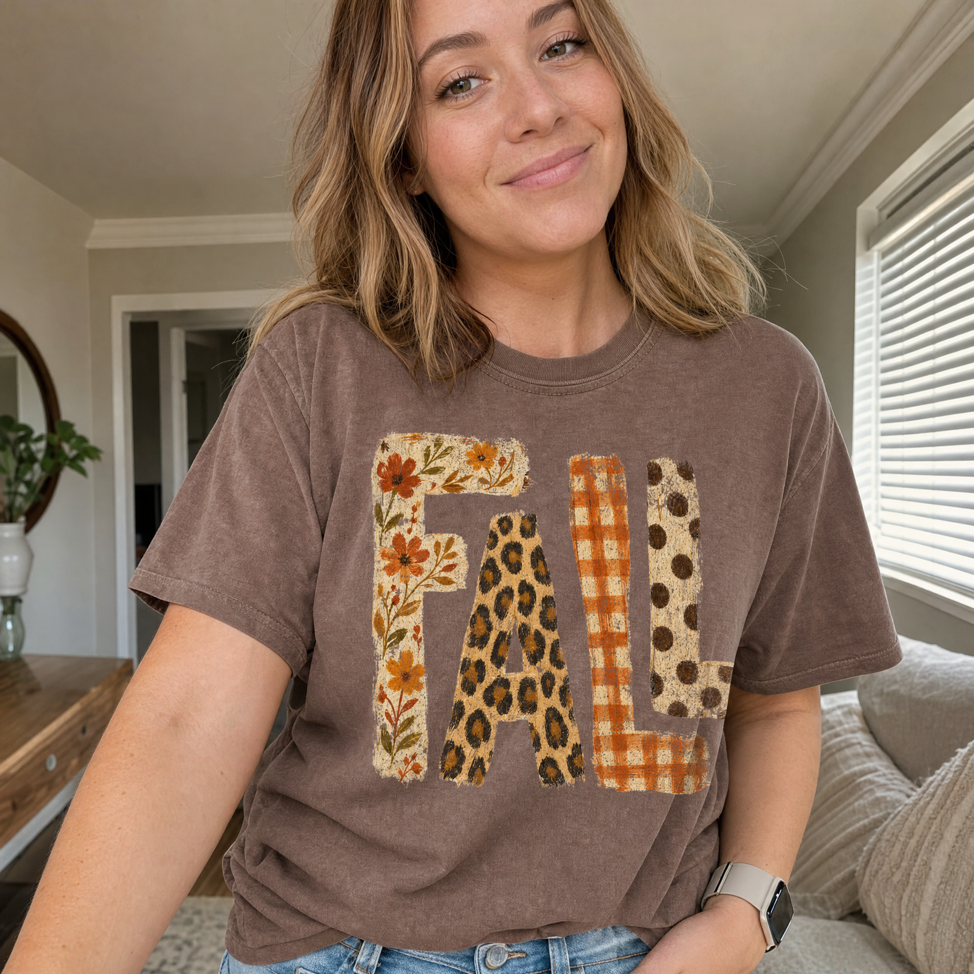 Model wearing the Patterned Fall comfort colors tee in Espresso