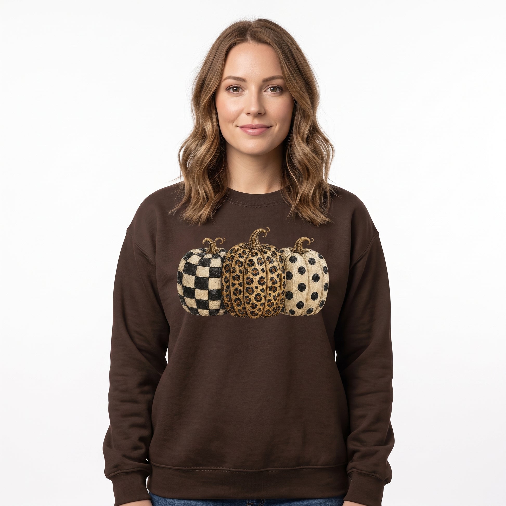 Model wearing the Patterned Pumpkins sweatshirt in Dark Chocolate