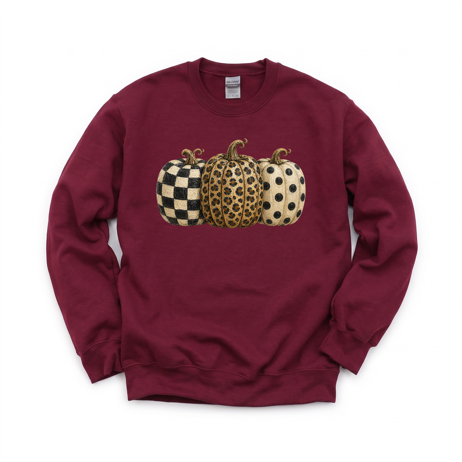 Patterned Pumpkins graphic on Gildan 18000 in Maroon