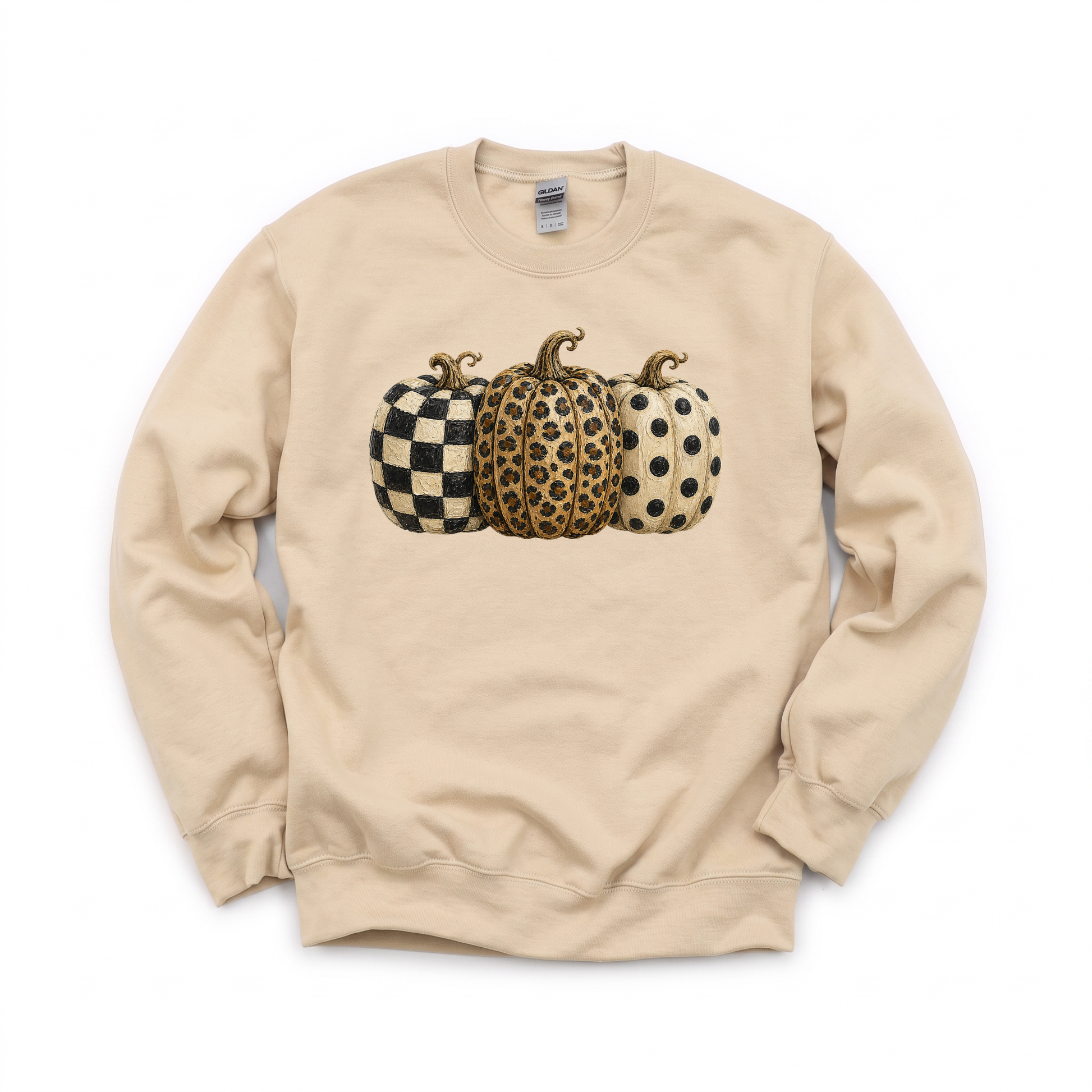 Patterned Pumpkins graphic on Gildan 18000 in Sand