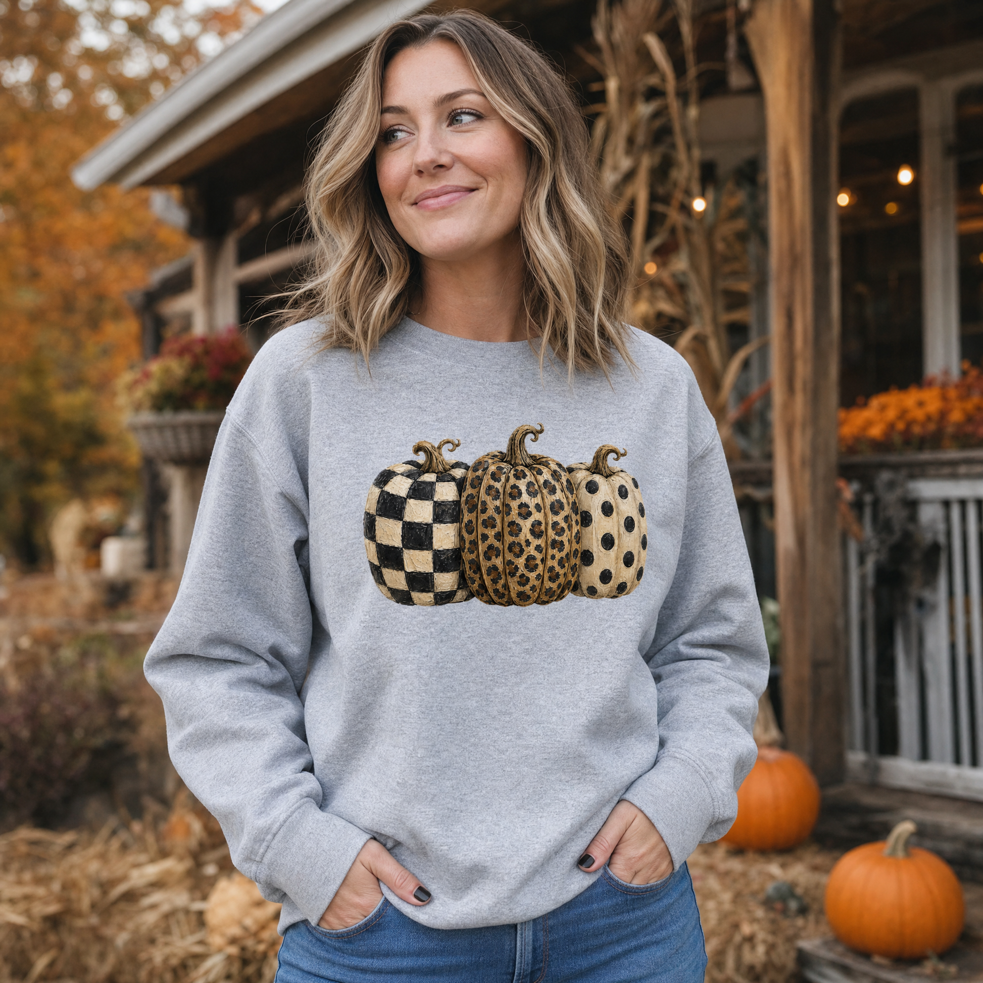 Model wearing the Patterned Pumpkins sweatshirt in Sport Grey