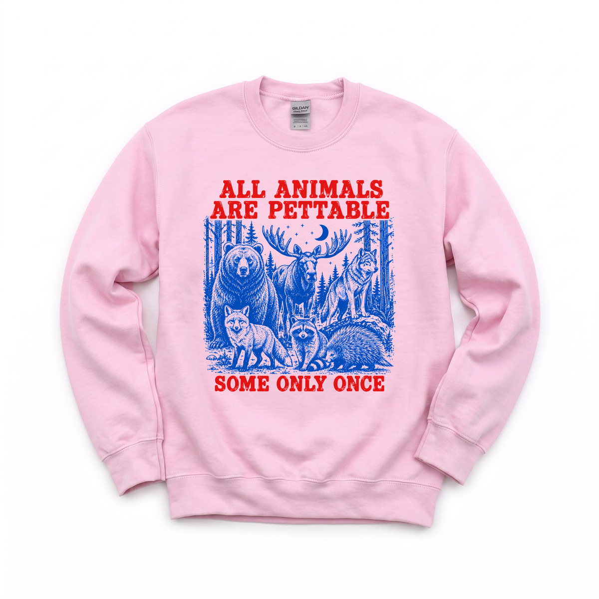 Pettable Animals graphic on Gildan 18000 in Light Pink