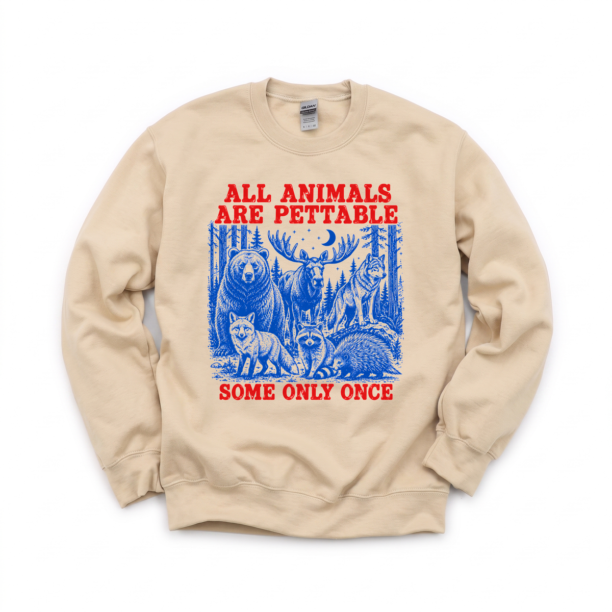Pettable Animals graphic on Gildan 18000 in Sand