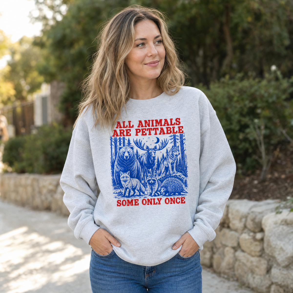 Model wearing the Pettable Animals sweatshirt in Ash, lifestyle image 1
