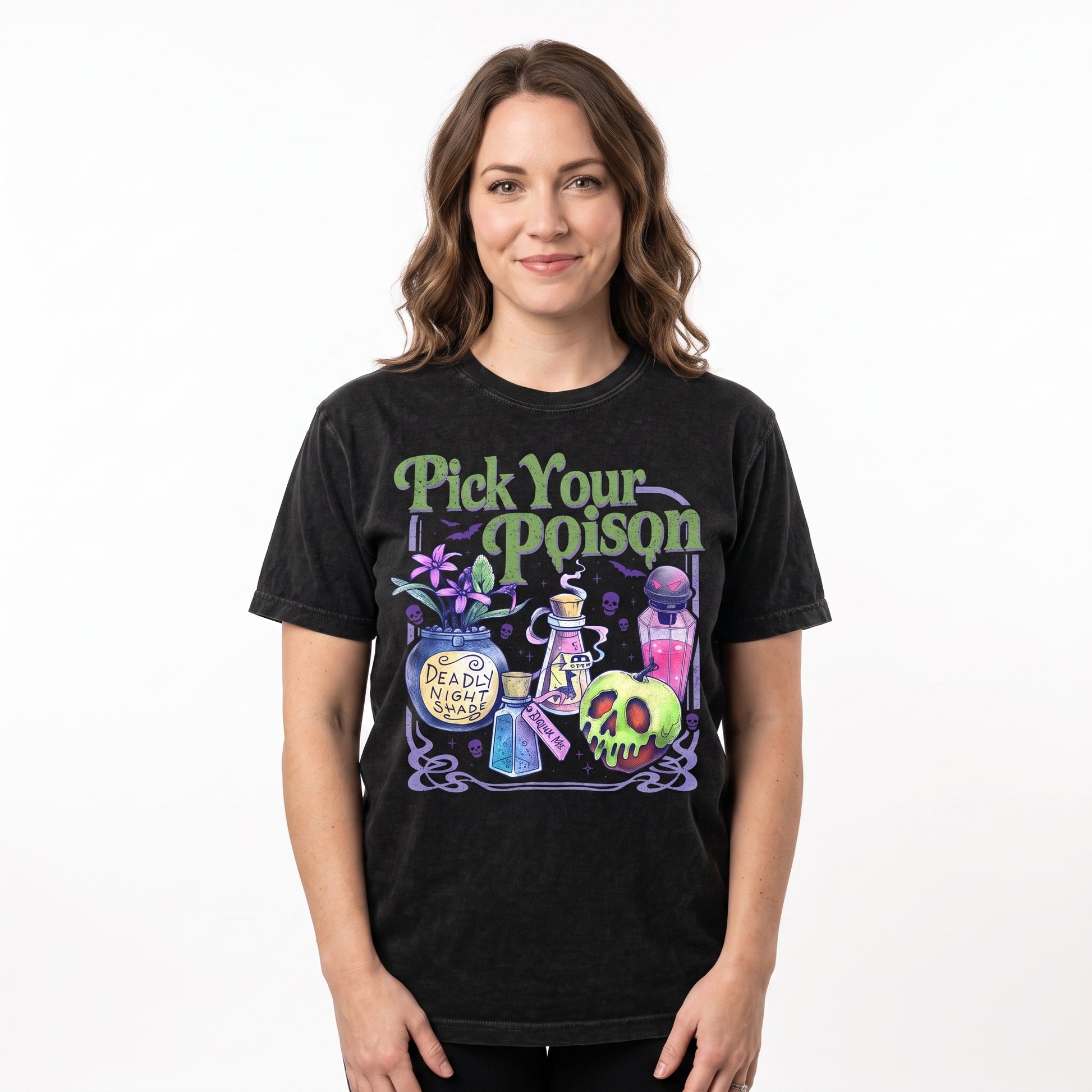 Model wearing the Pick Your Poison comfort colors tee in Black, cover image 1