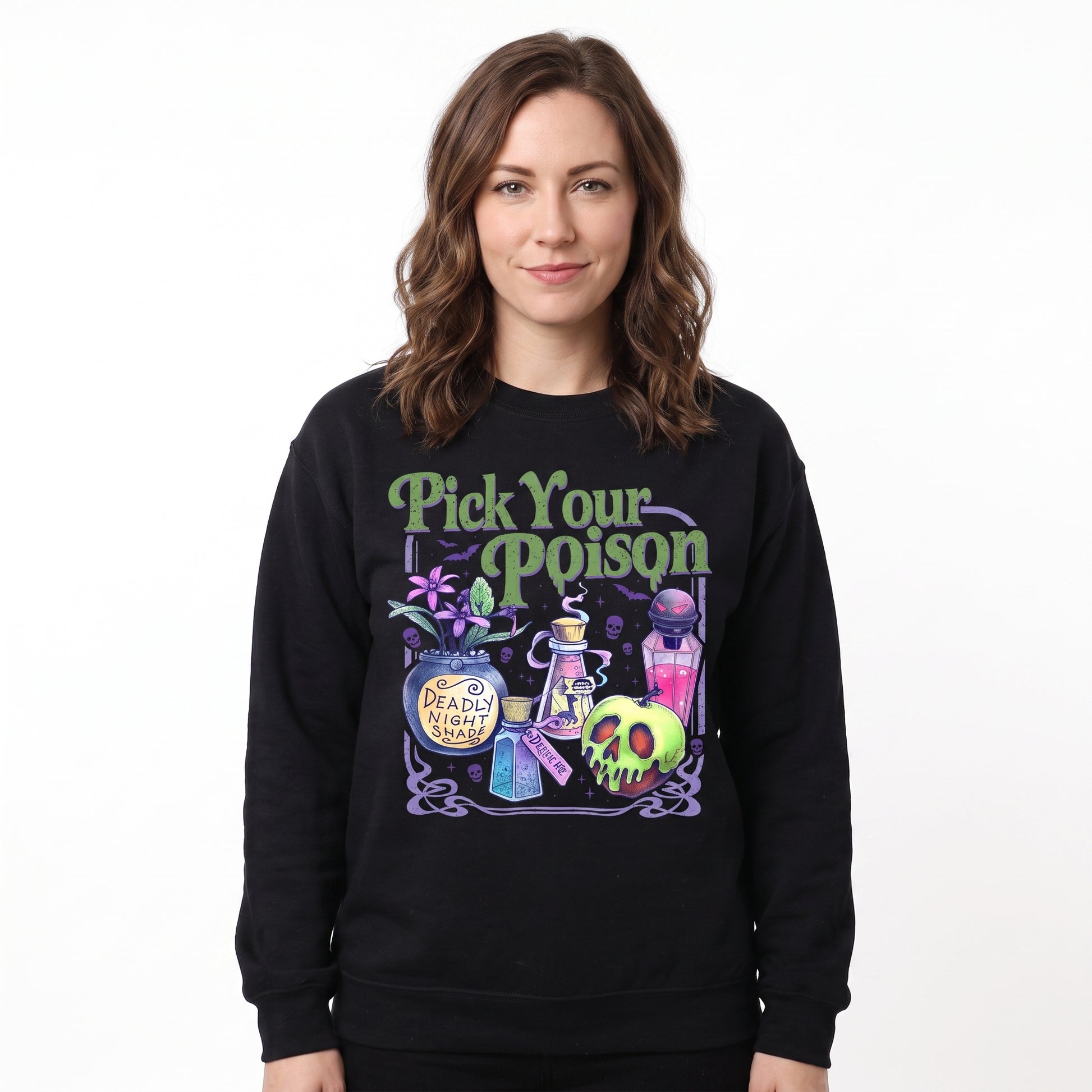 Model wearing the Pick Your Poison sweatshirt in Black, cover image 1