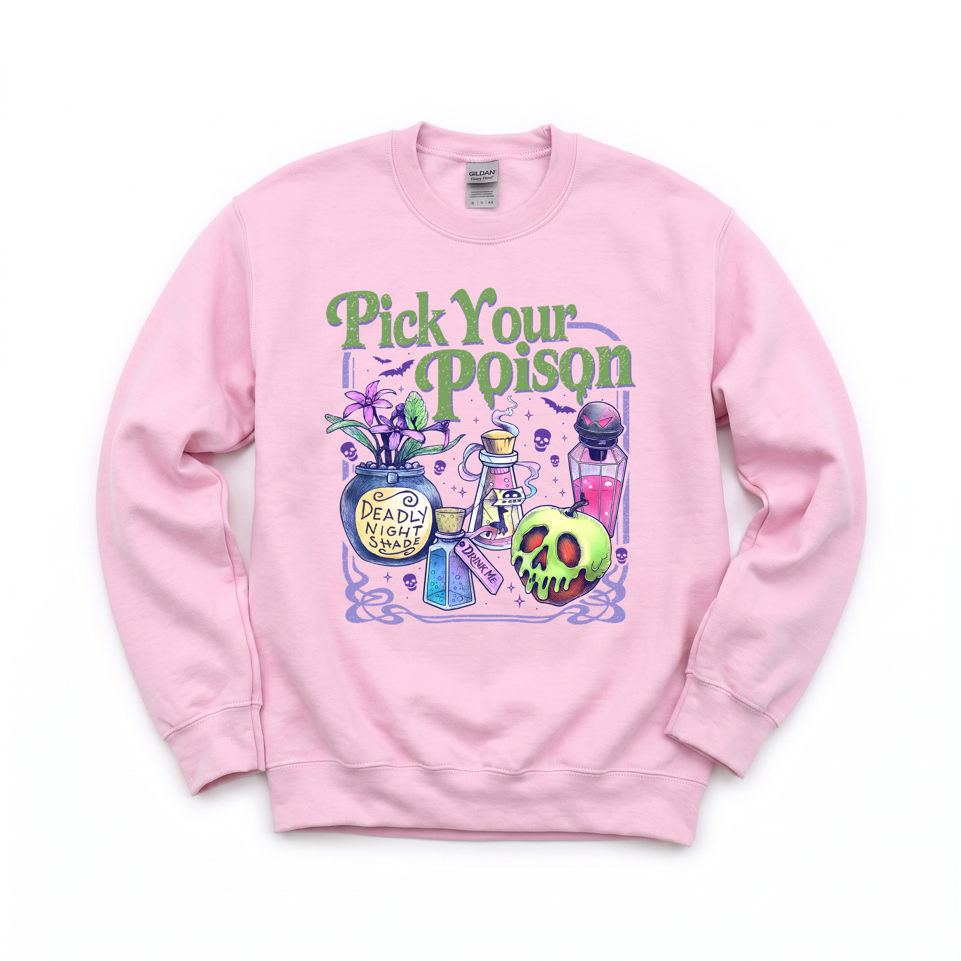 Pick Your Poison graphic on Gildan 18000 in Light Pink