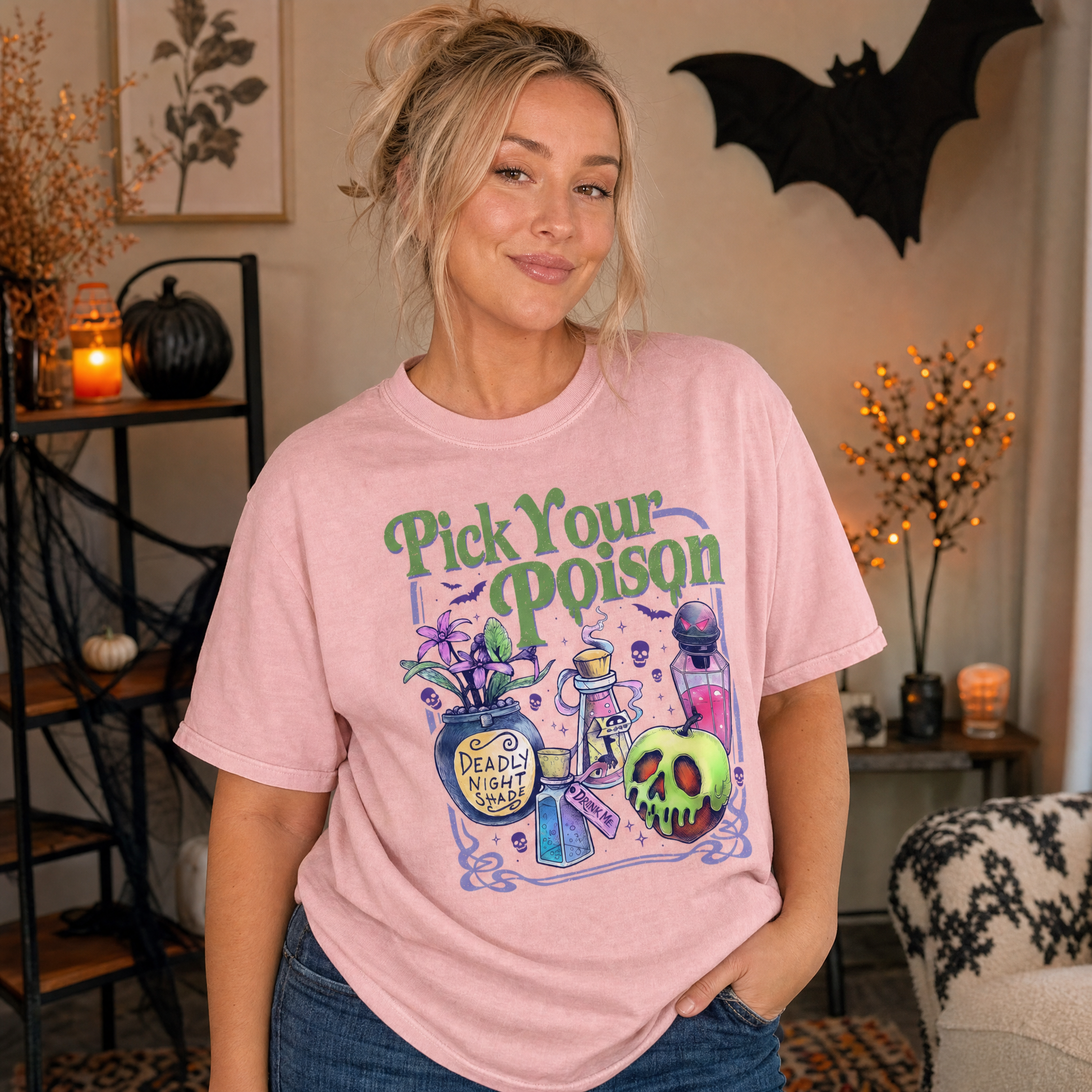 Model wearing the Pick Your Poison comfort colors tee in Blossom