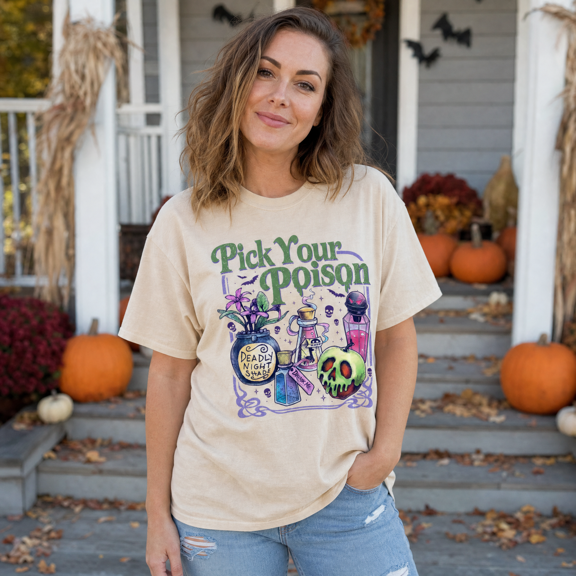 Model wearing the Pick Your Poison comfort colors tee in Ivory