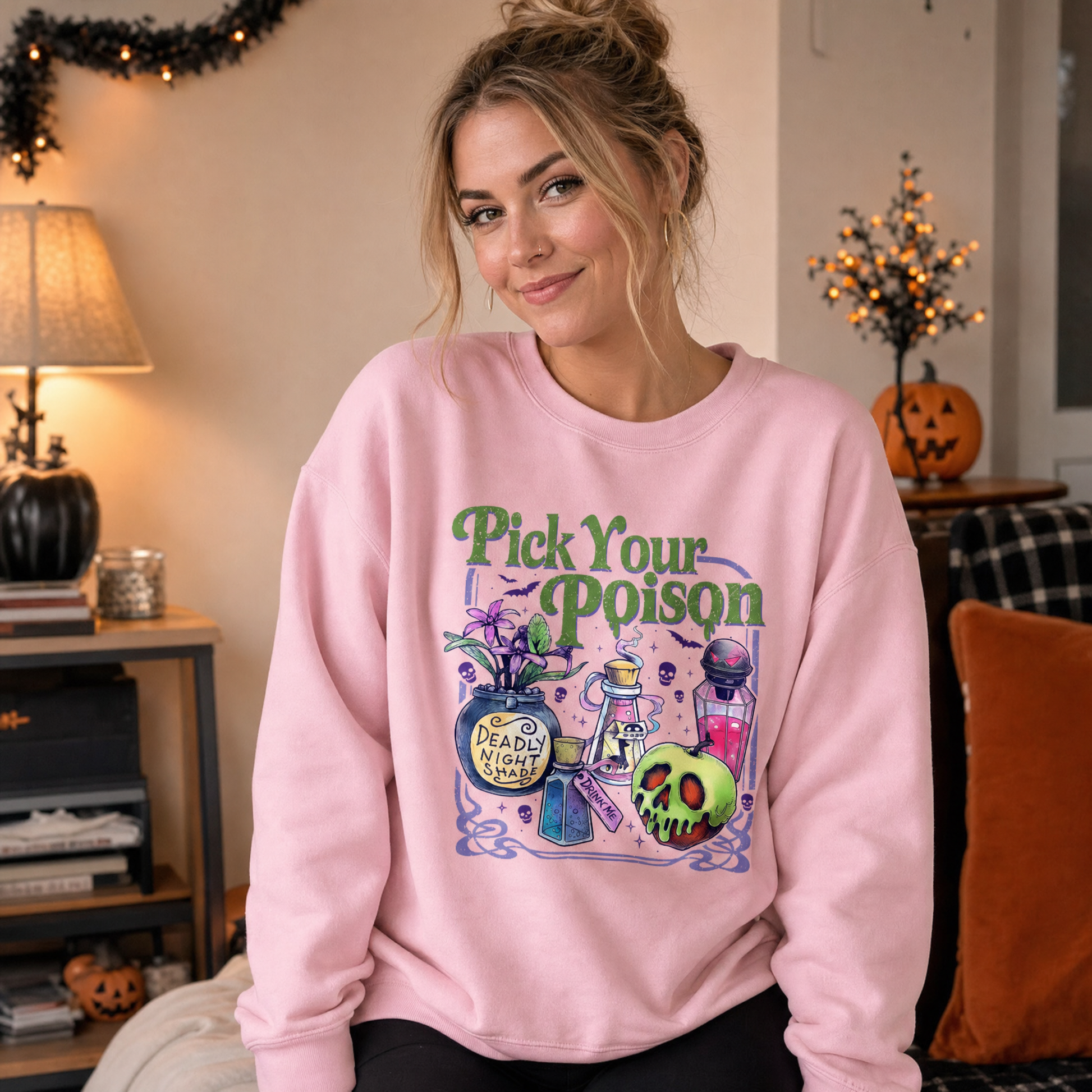 Model wearing the Pick Your Poison sweatshirt in Light Pink