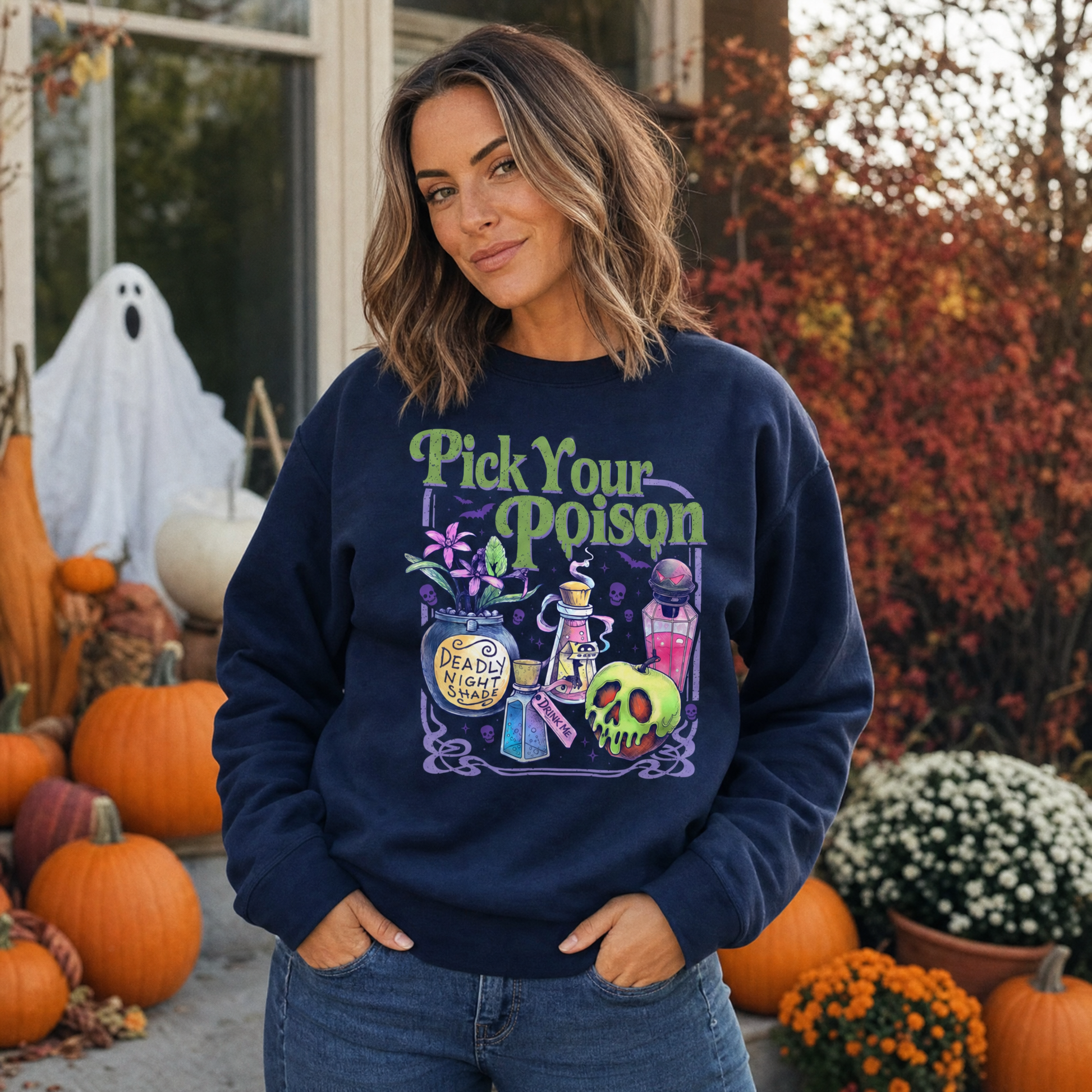 Model wearing the Pick Your Poison sweatshirt in Navy