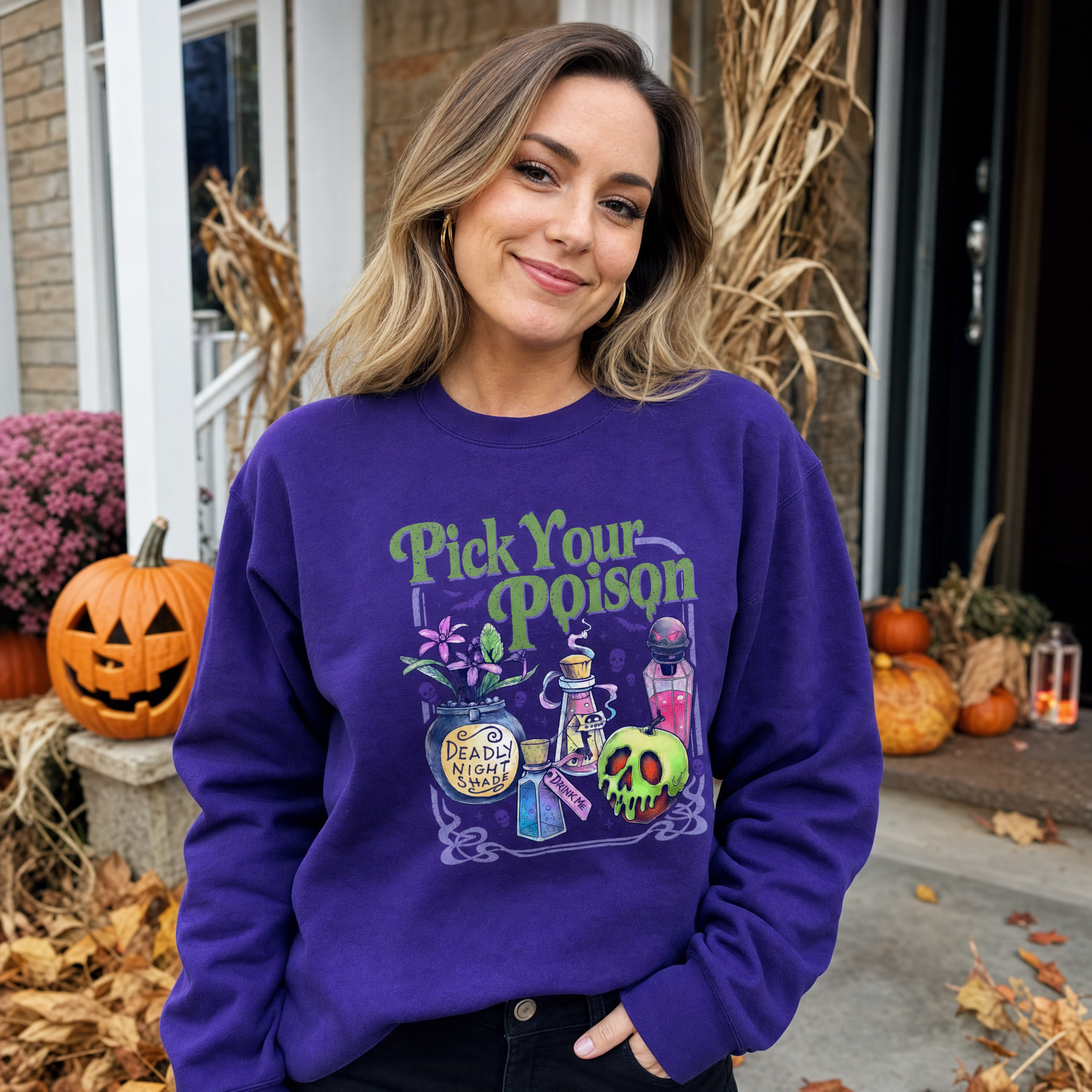 Model wearing the Pick Your Poison sweatshirt in Purple
