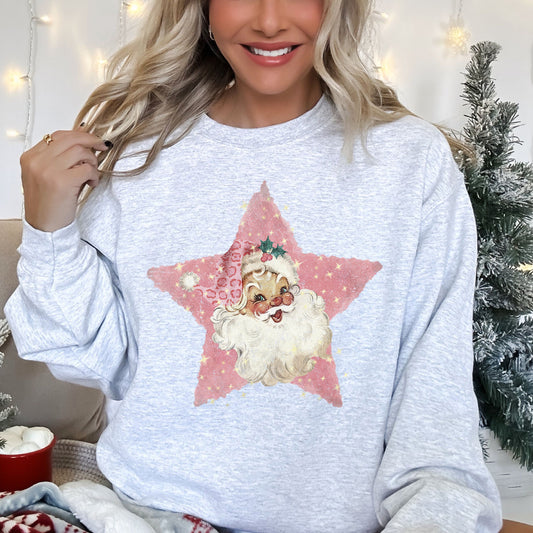 Pink Star Retro Santa, Christmas, Vintage Sweatshirt