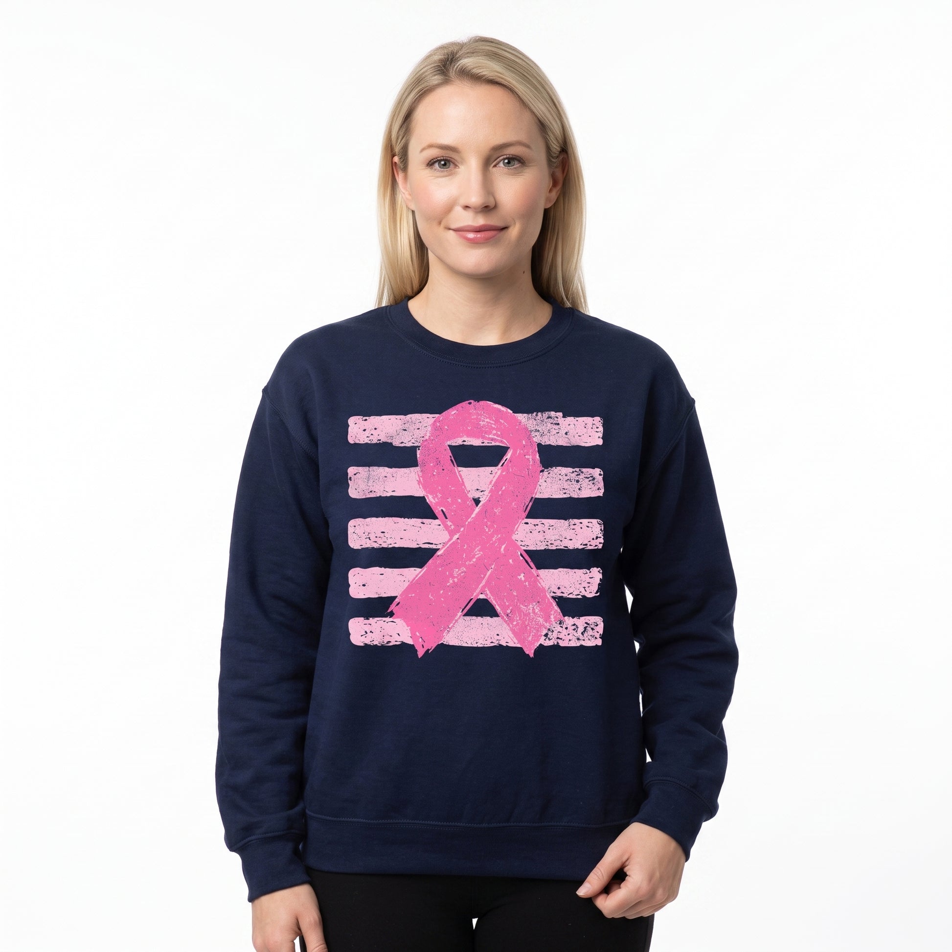 Model wearing the Pink Out sweatshirt in Navy, cover image 1