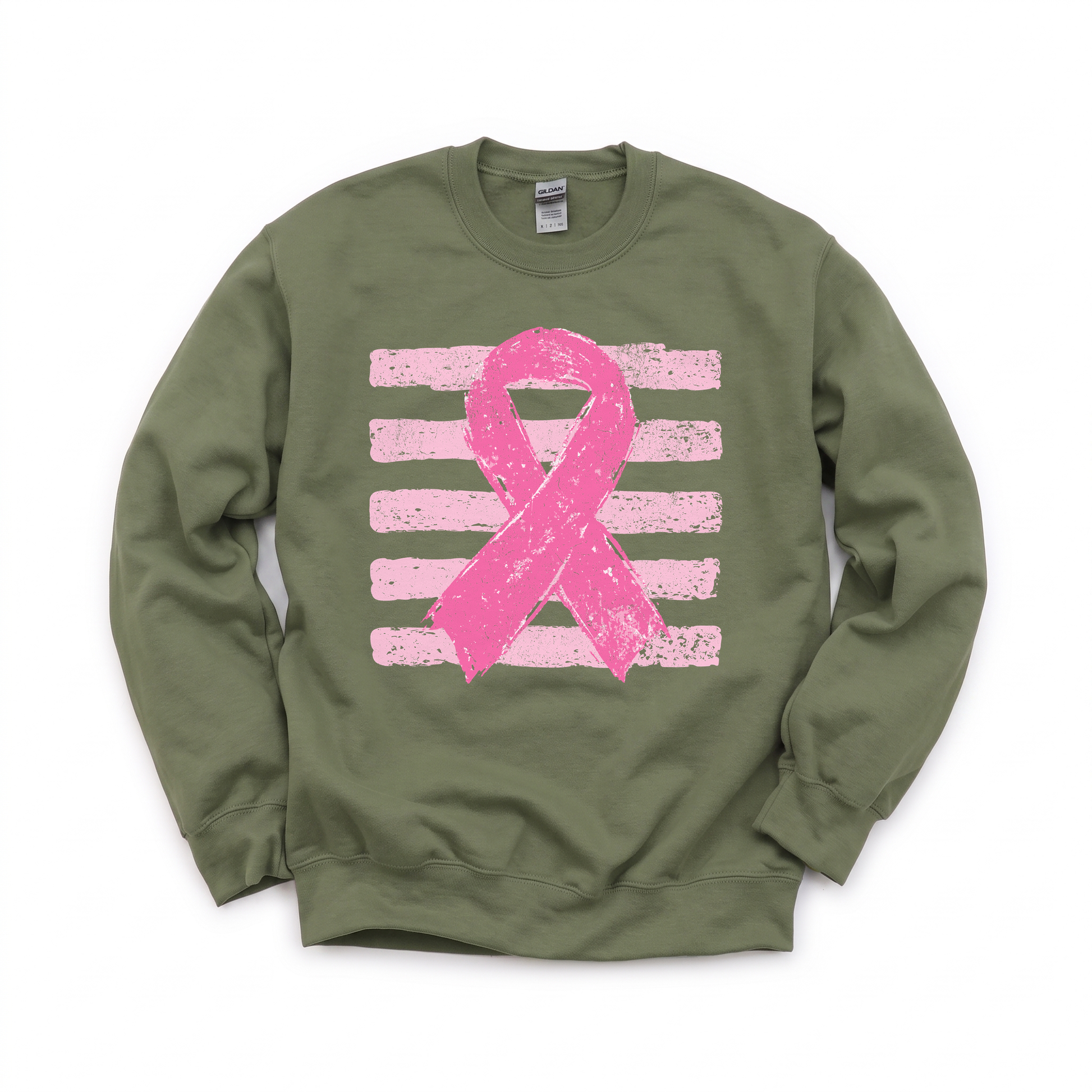 Pink Out graphic on Gildan 18000 in Military Green