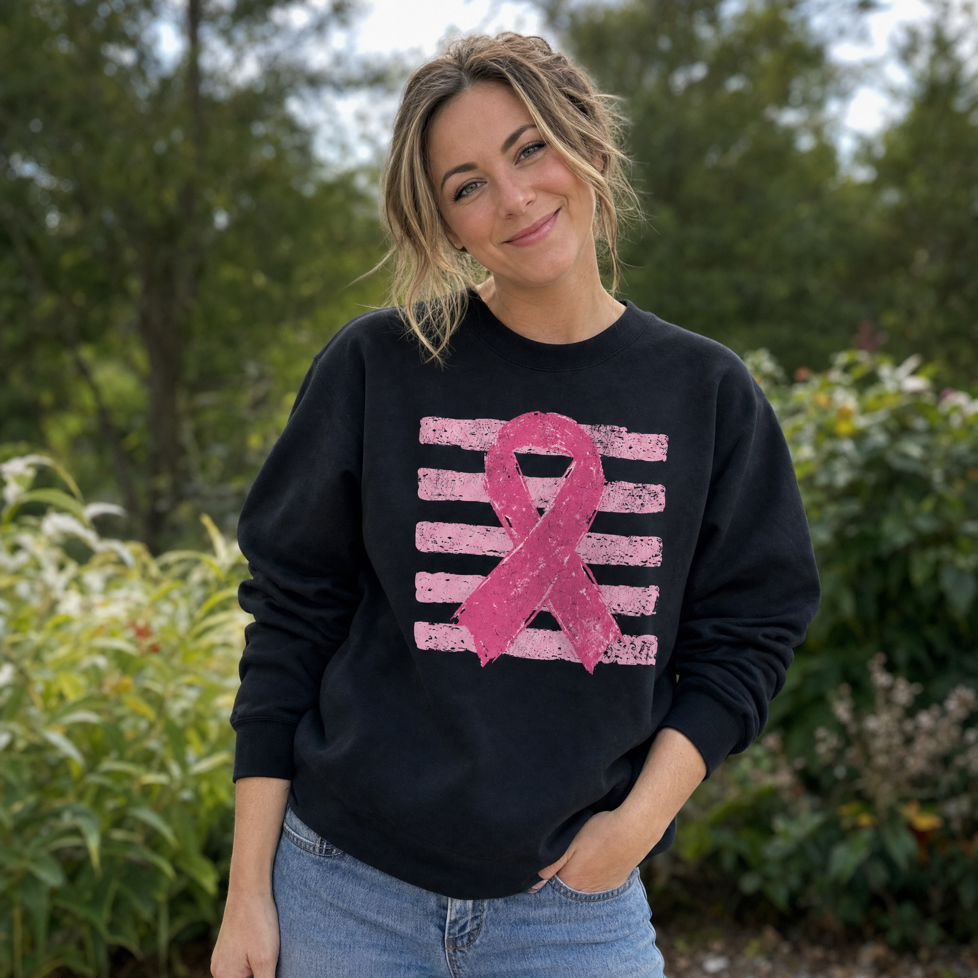 Model wearing the Pink Out sweatshirt in Black