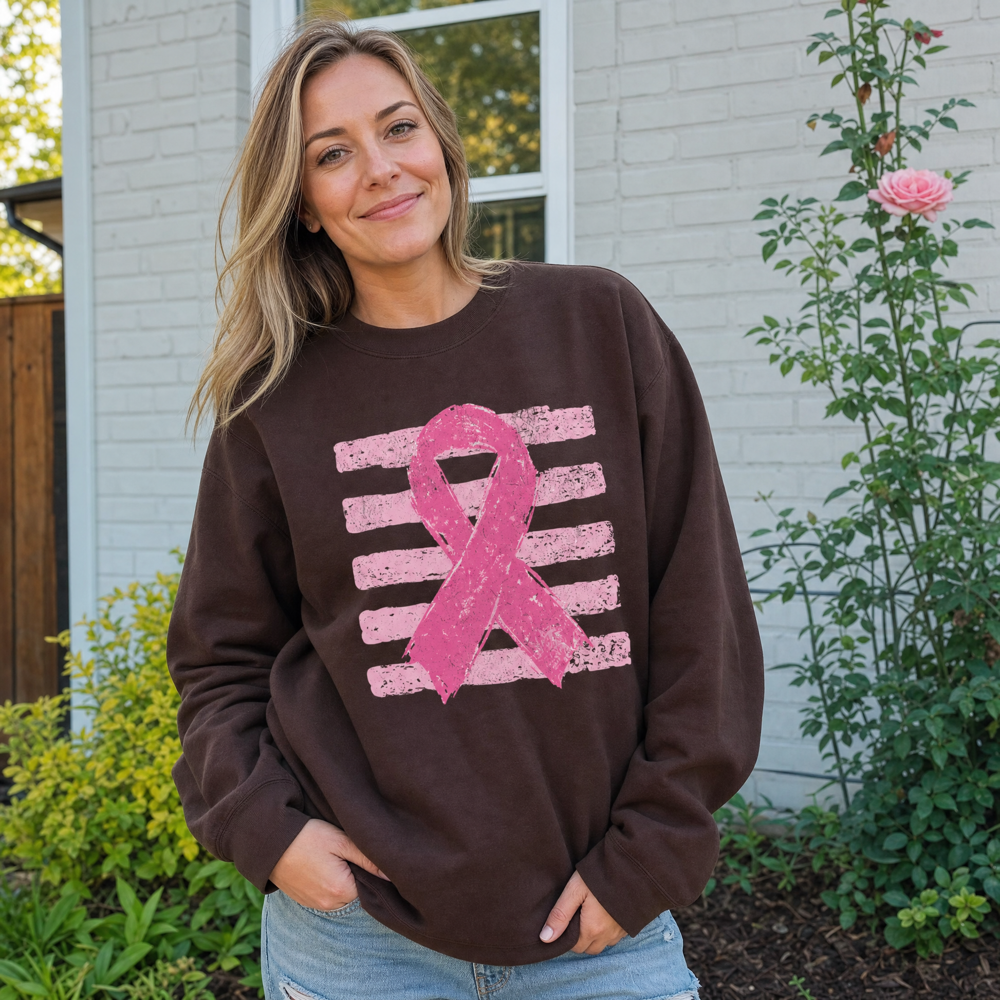 Model wearing the Pink Out sweatshirt in Dark Chocolate
