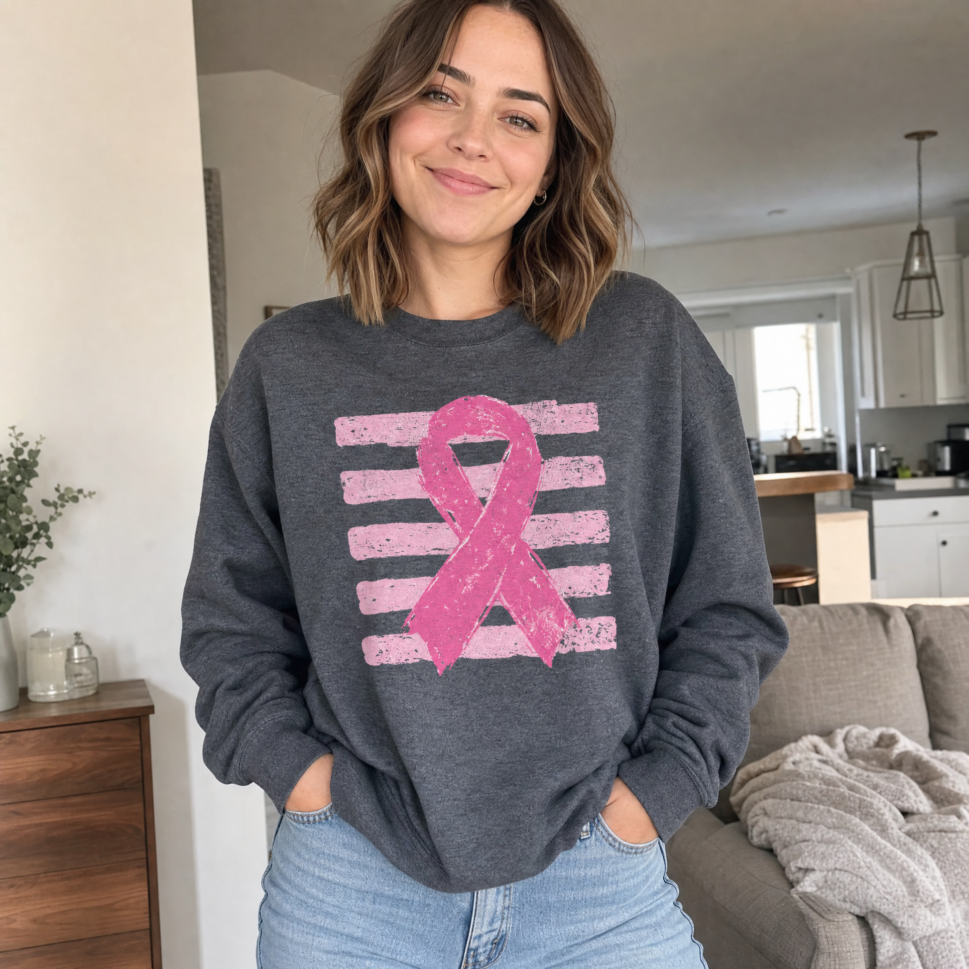 Model wearing the Pink Out sweatshirt in Dark Heather