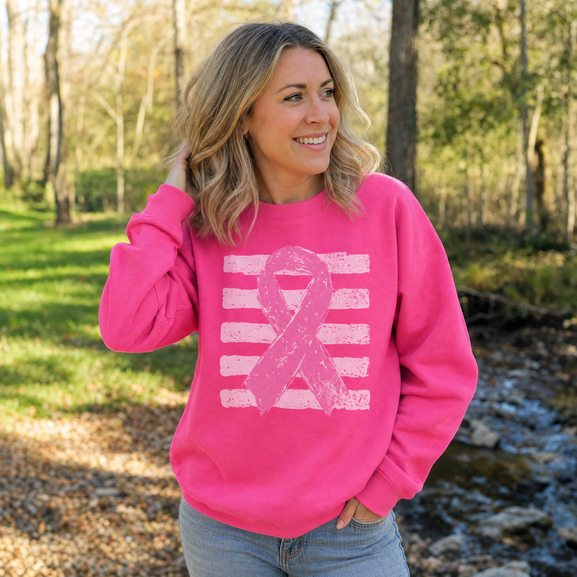 Model wearing the Pink Out sweatshirt in Heliconia