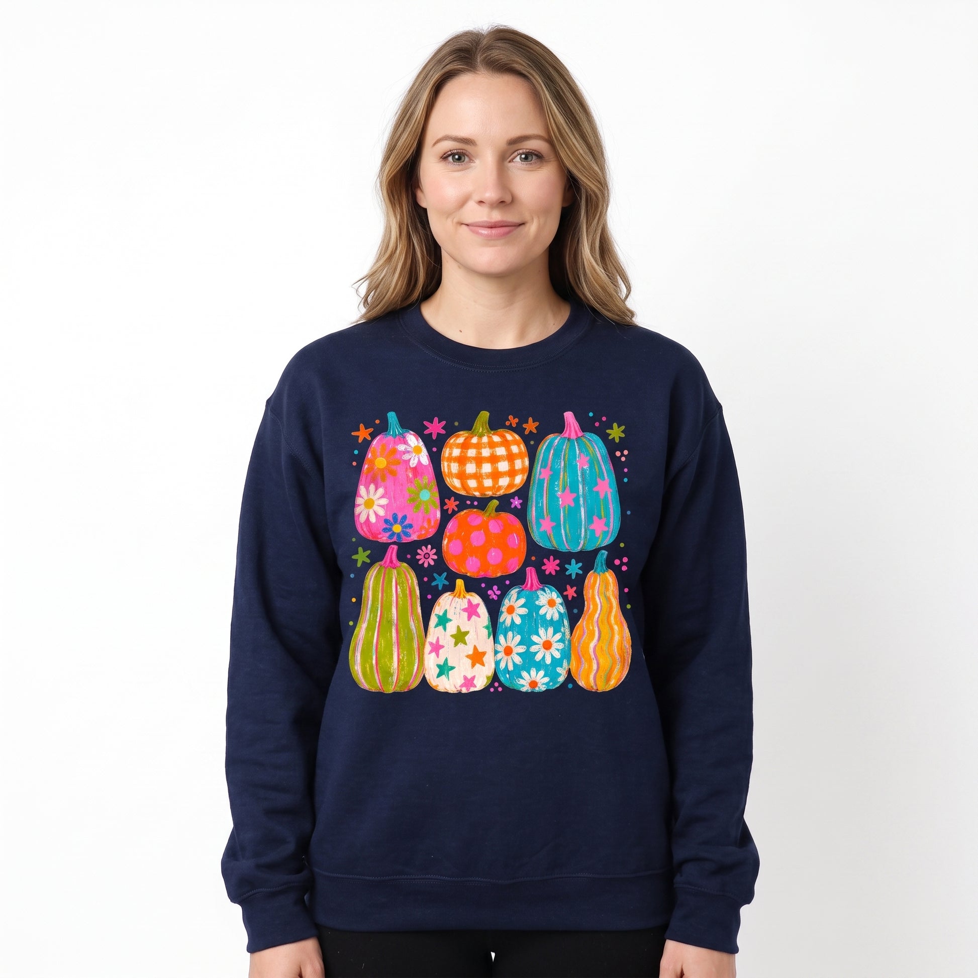 Model wearing the Playful Pumpkins sweatshirt in Navy