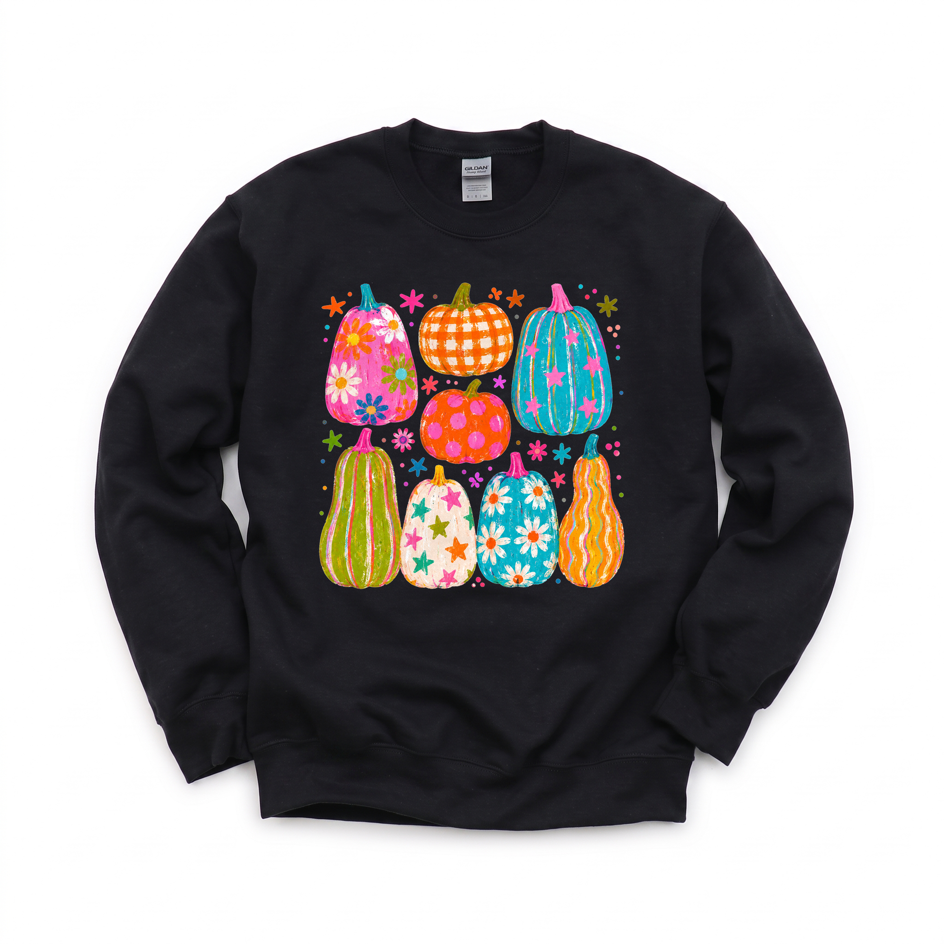 Playful Pumpkins graphic on Gildan 18000 in Black