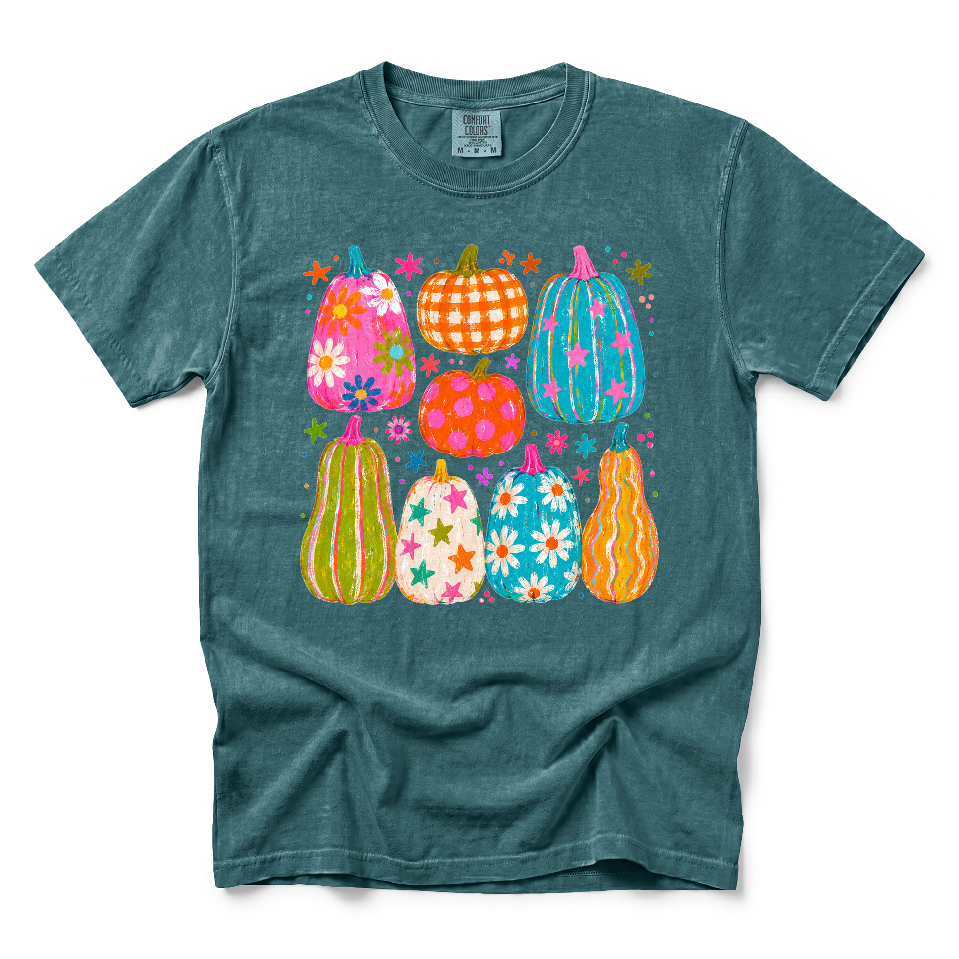 Playful Pumpkins graphic on Comfort Colors 1717 in Blue Spruce
