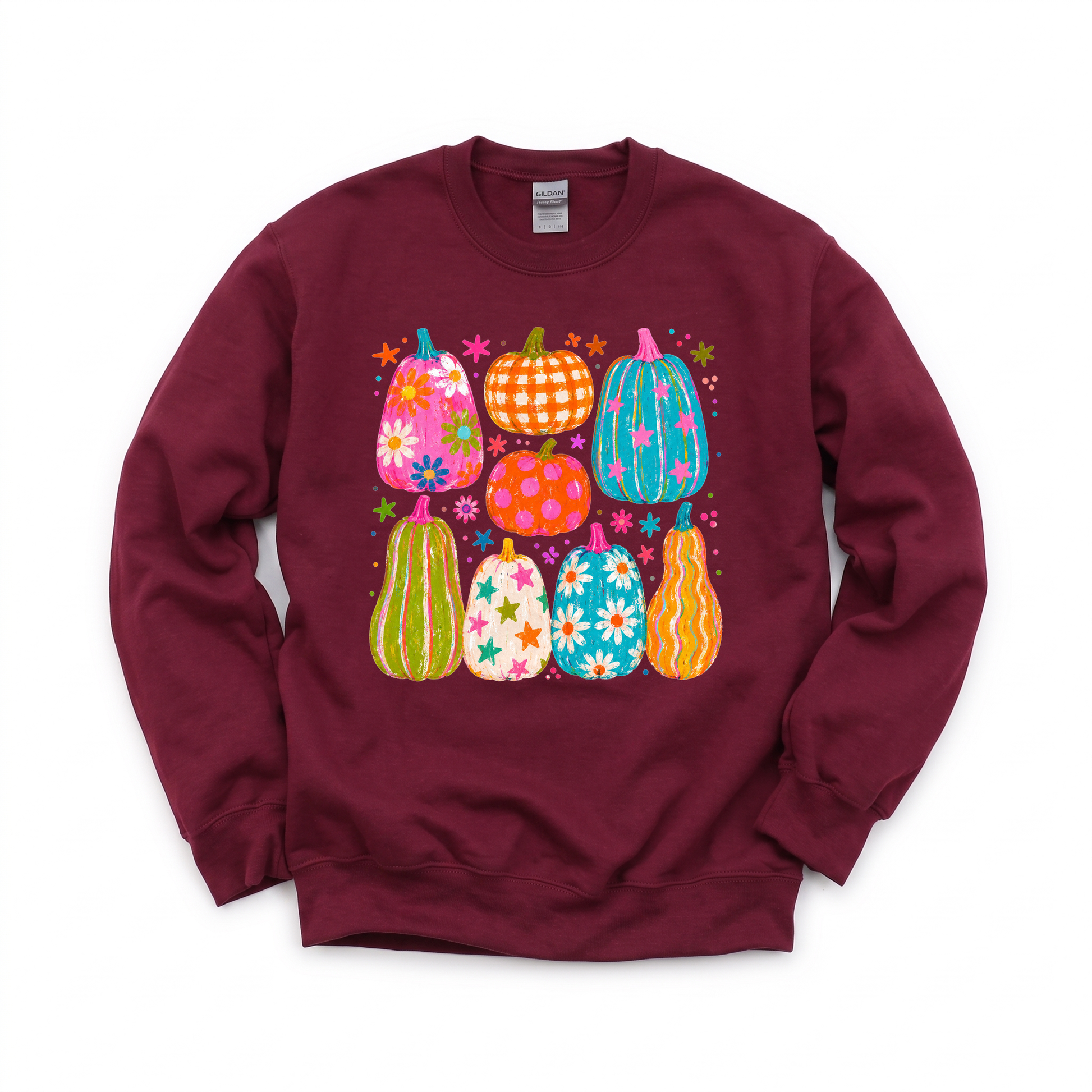 Playful Pumpkins graphic on Gildan 18000 in Maroon