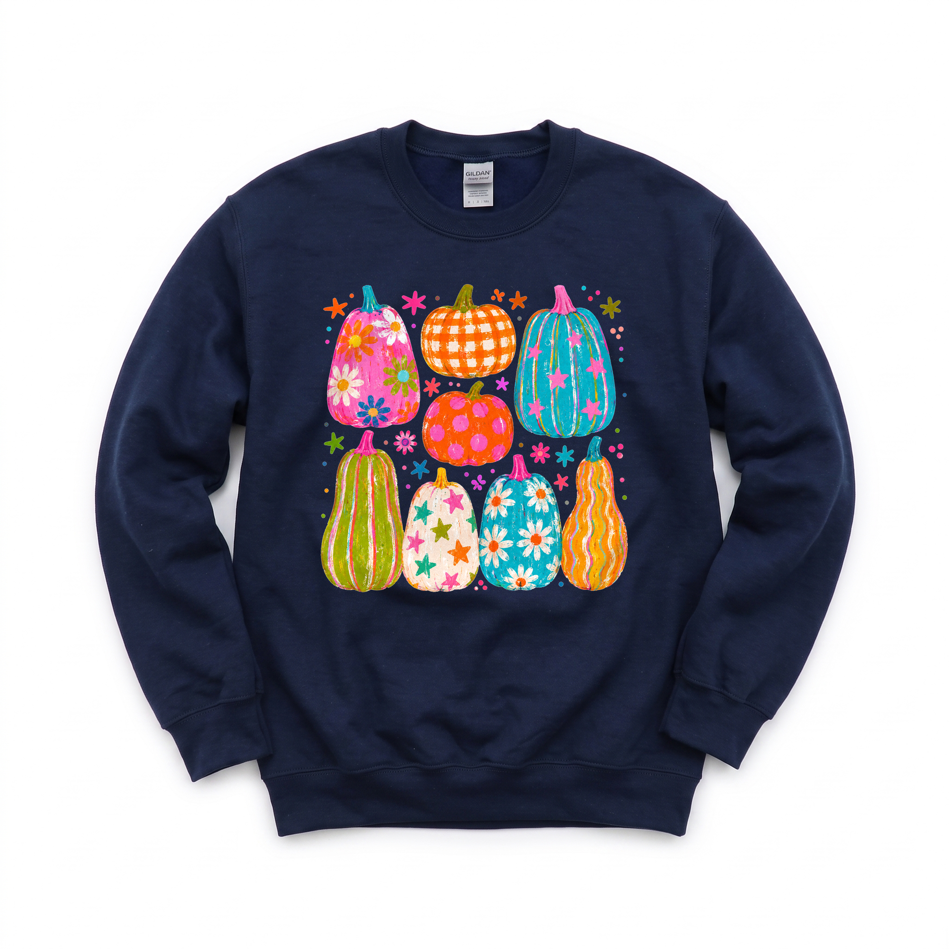 Playful Pumpkins graphic on Gildan 18000 in Navy