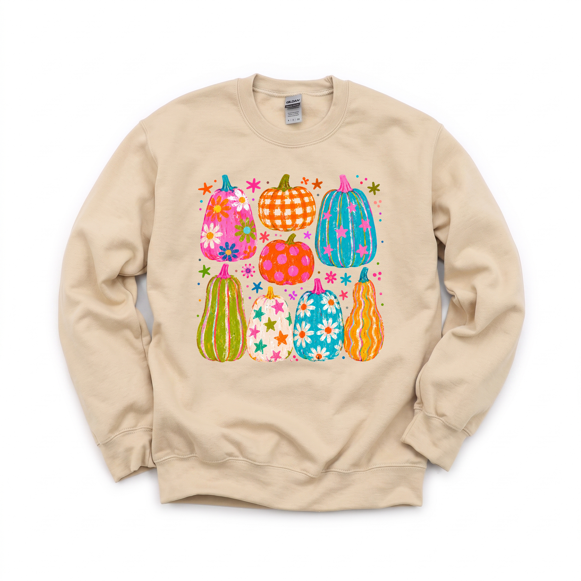Playful Pumpkins graphic on Gildan 18000 in Sand