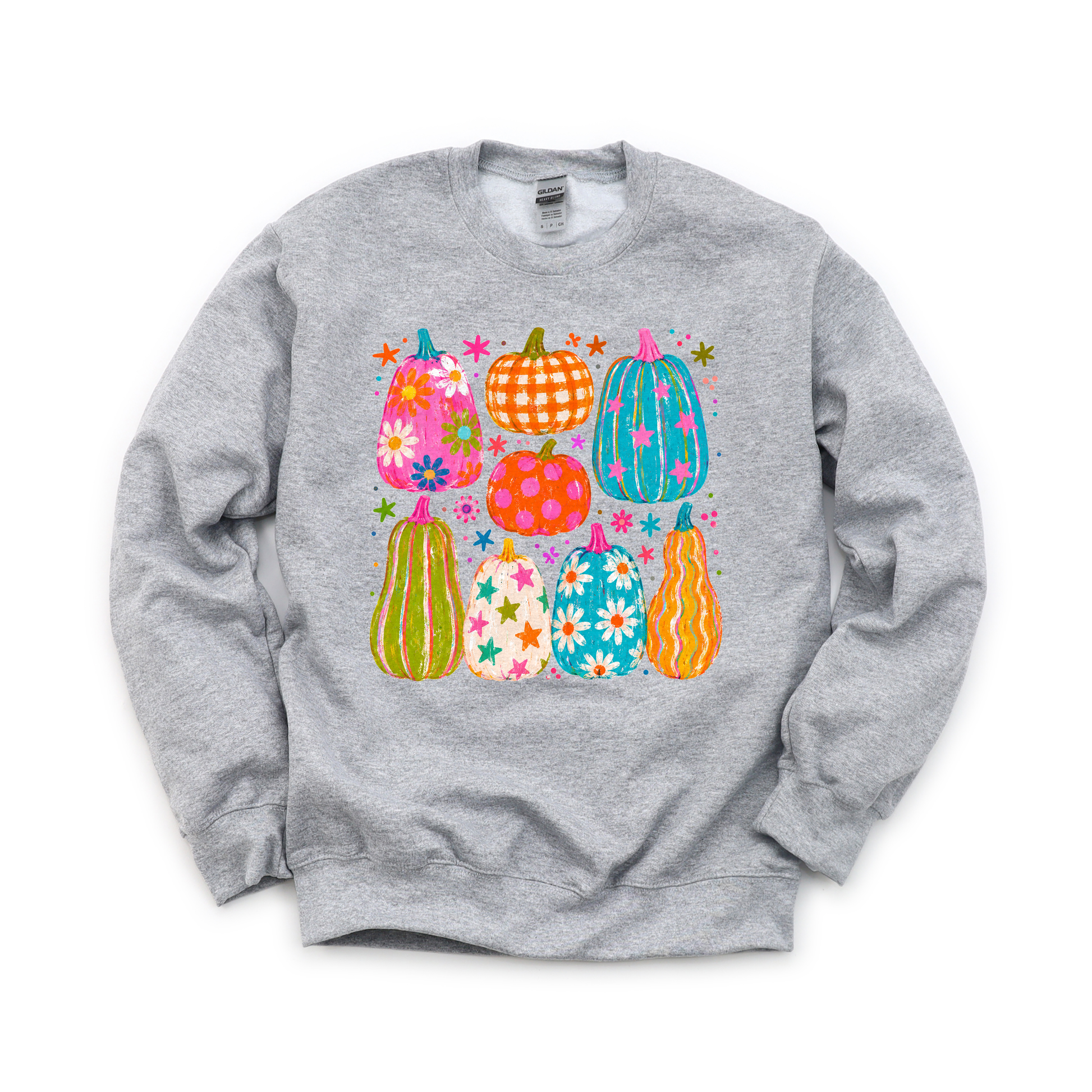 Playful Pumpkins graphic on Gildan 18000 in Sport Grey