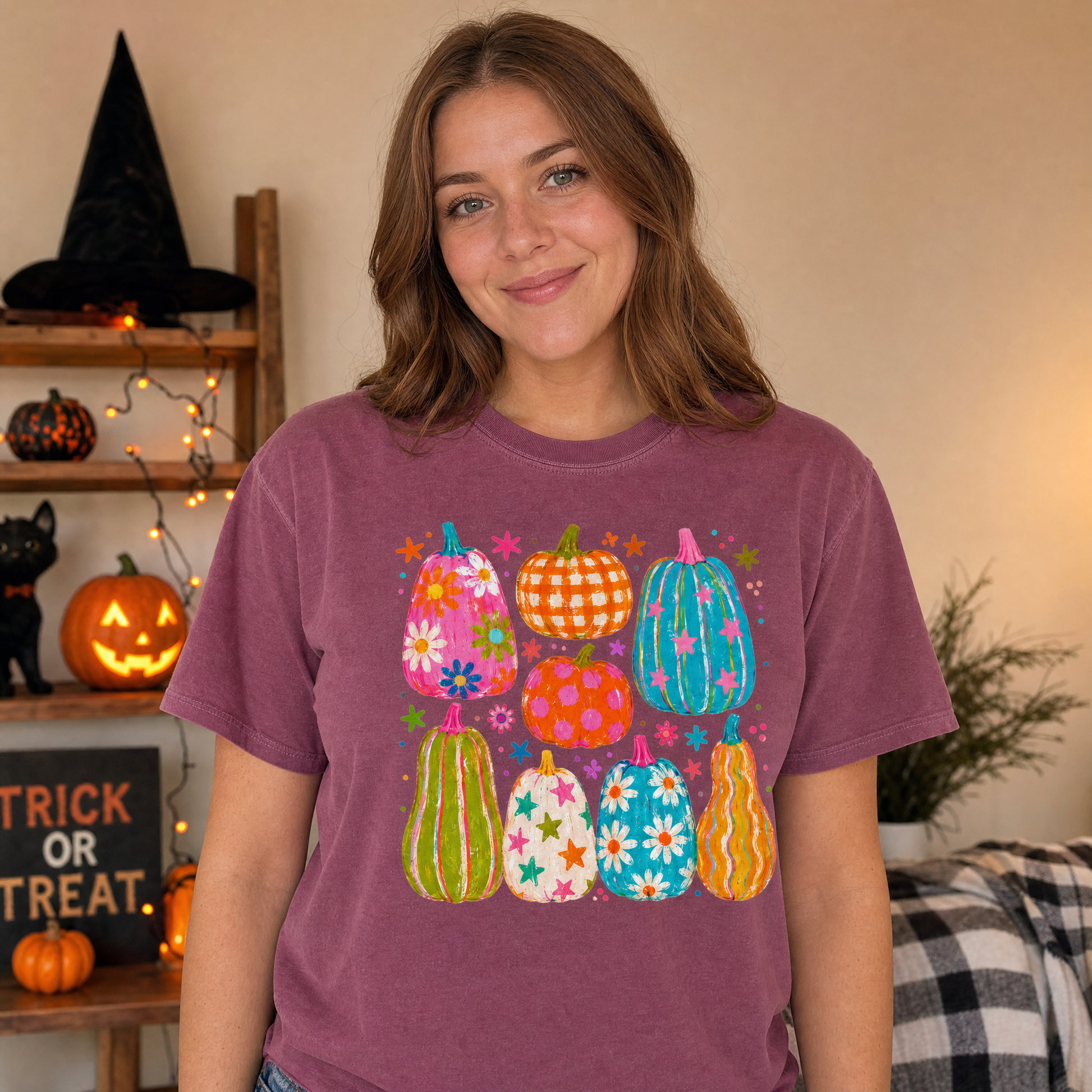 Model wearing the Playful Pumpkins comfort colors tee in Berry