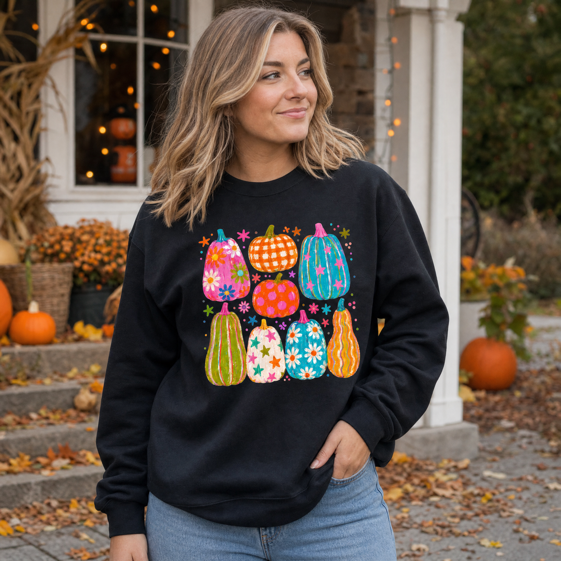 Model wearing the Playful Pumpkins sweatshirt in Black