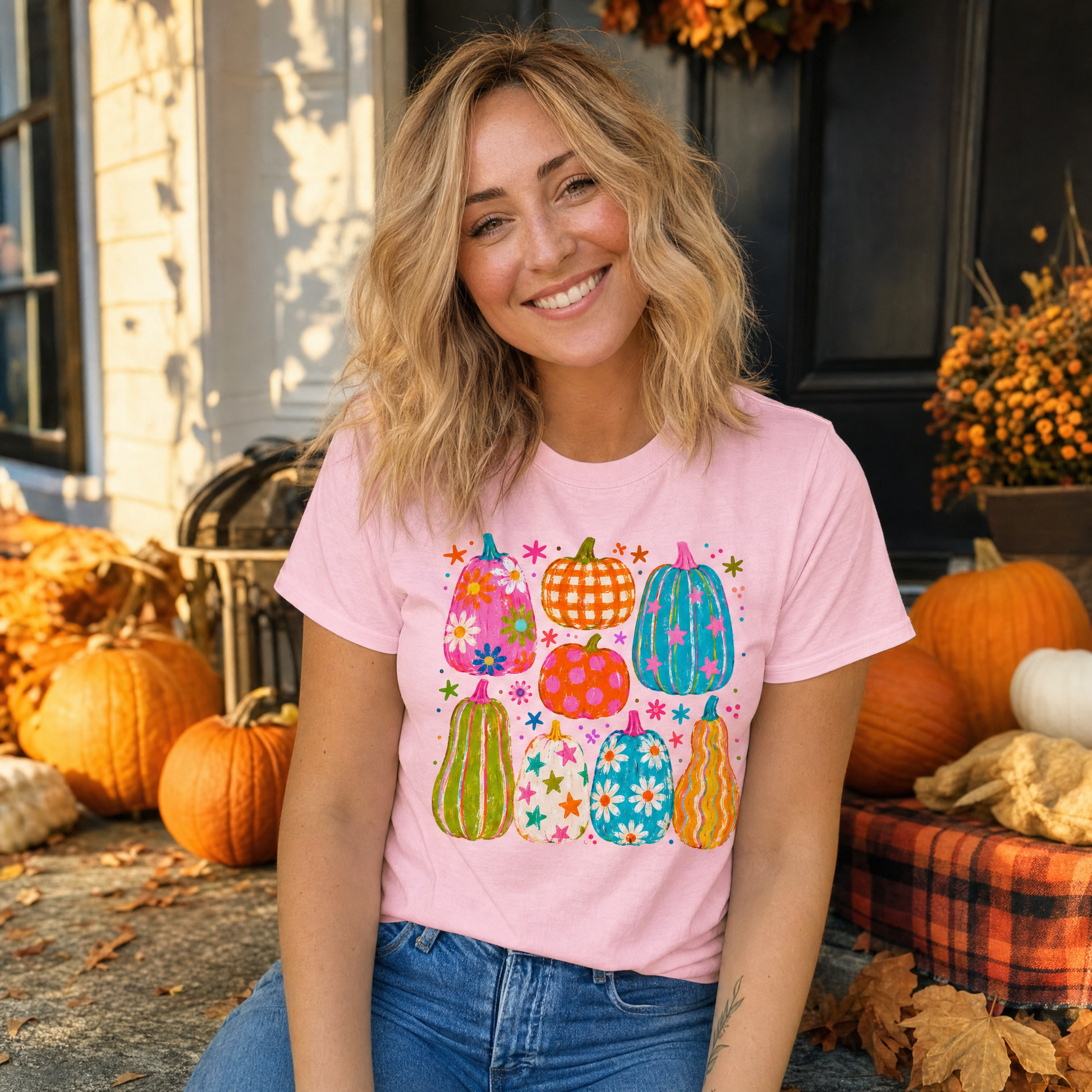 Model wearing the Playful Pumpkins comfort colors tee in Blossom
